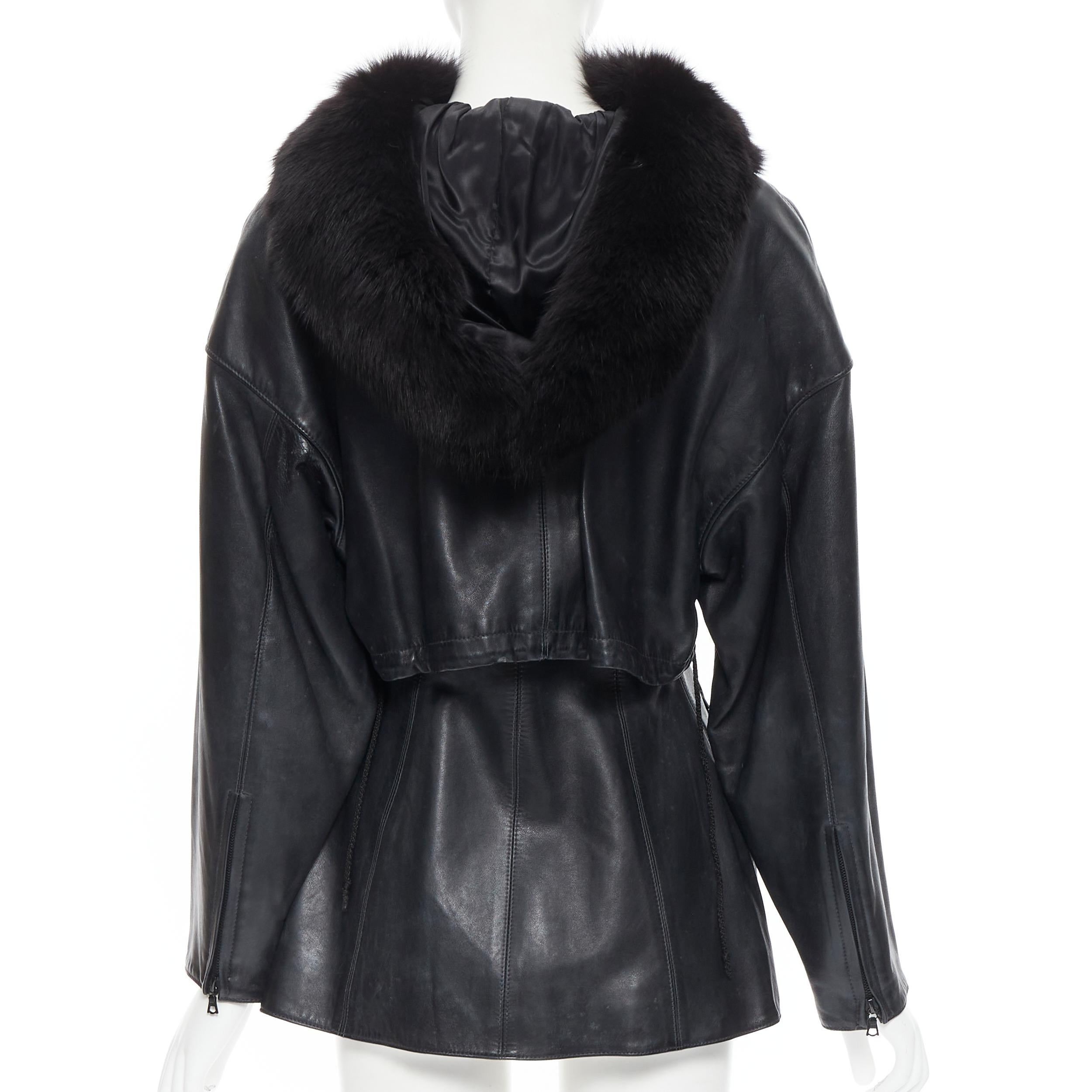 Black vintage CLAUDE MONTANA IDEAL CUIR fox fur hood fit flared leather jacket FR38 S