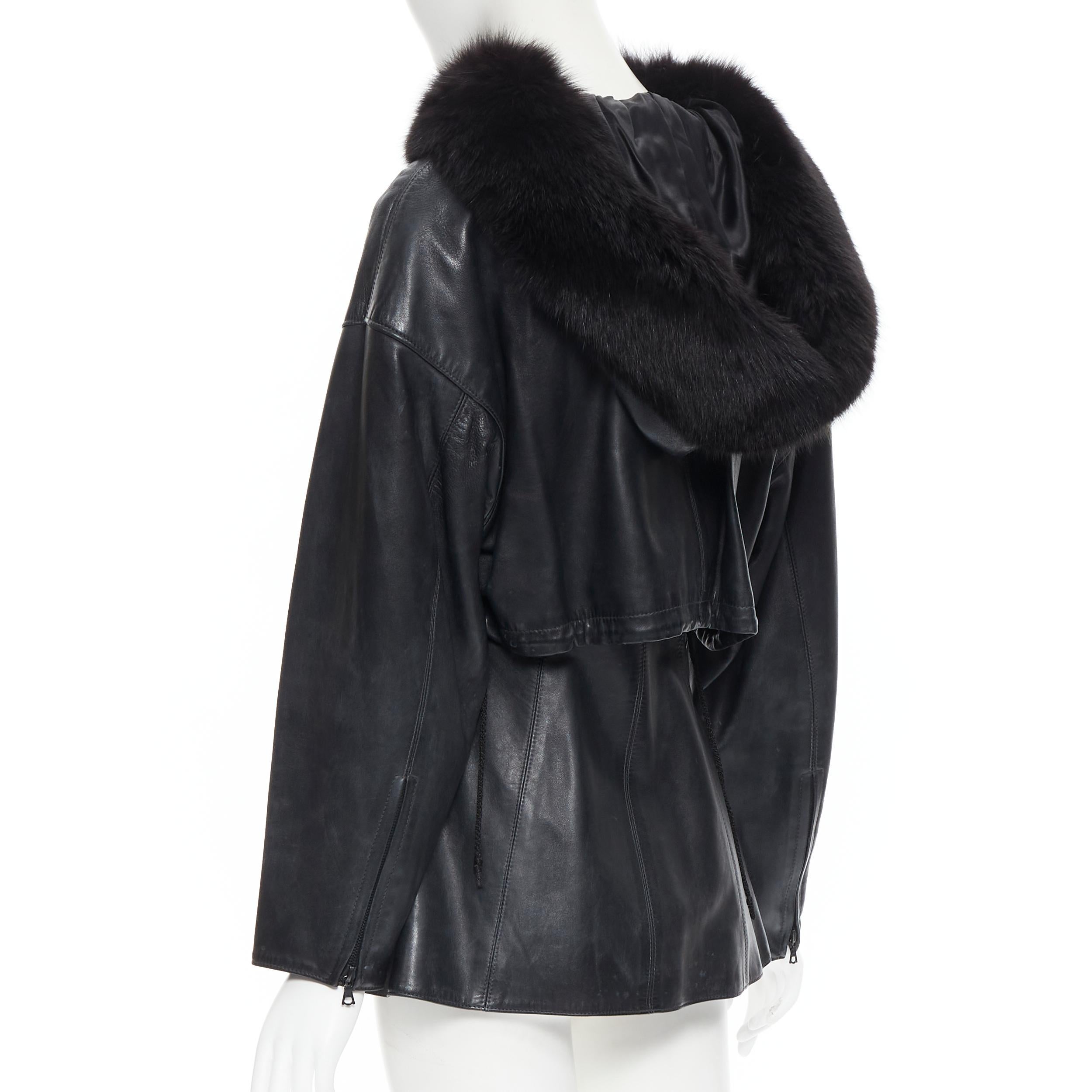 Women's vintage CLAUDE MONTANA IDEAL CUIR fox fur hood fit flared leather jacket FR38 S