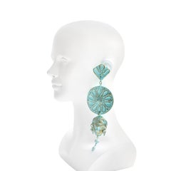 Vintage Claude Montana Papier Mache Long Green and Gold Earrings Circa 1980s