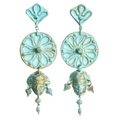 Vintage Claude Montana Papier Mache Long Green and Gold Earrings Circa 1980s