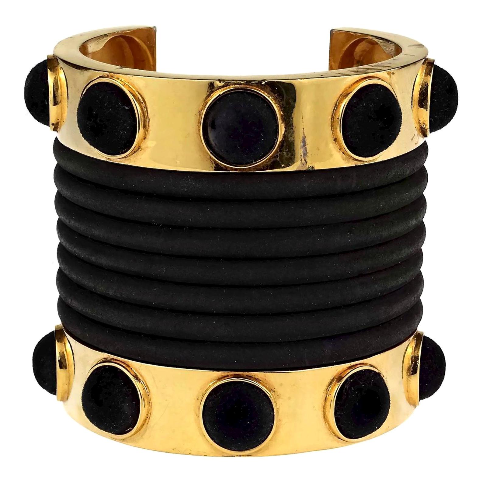 Vintage CLAUDE MONTANA Pour Marie Paris Gold Black Velvet Rubber Cuff Bracelet For Sale