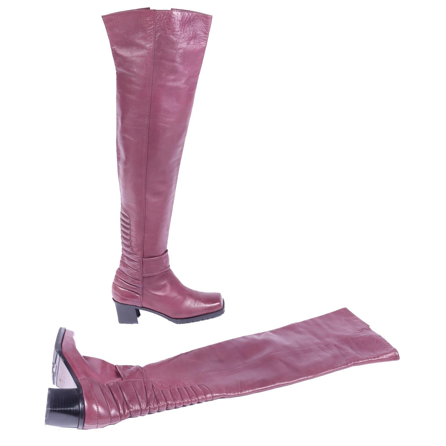 Vintage Claude Montana Thigh High Leather Deep Aubergine Fine Leather Boots In Good Condition In Portland, OR