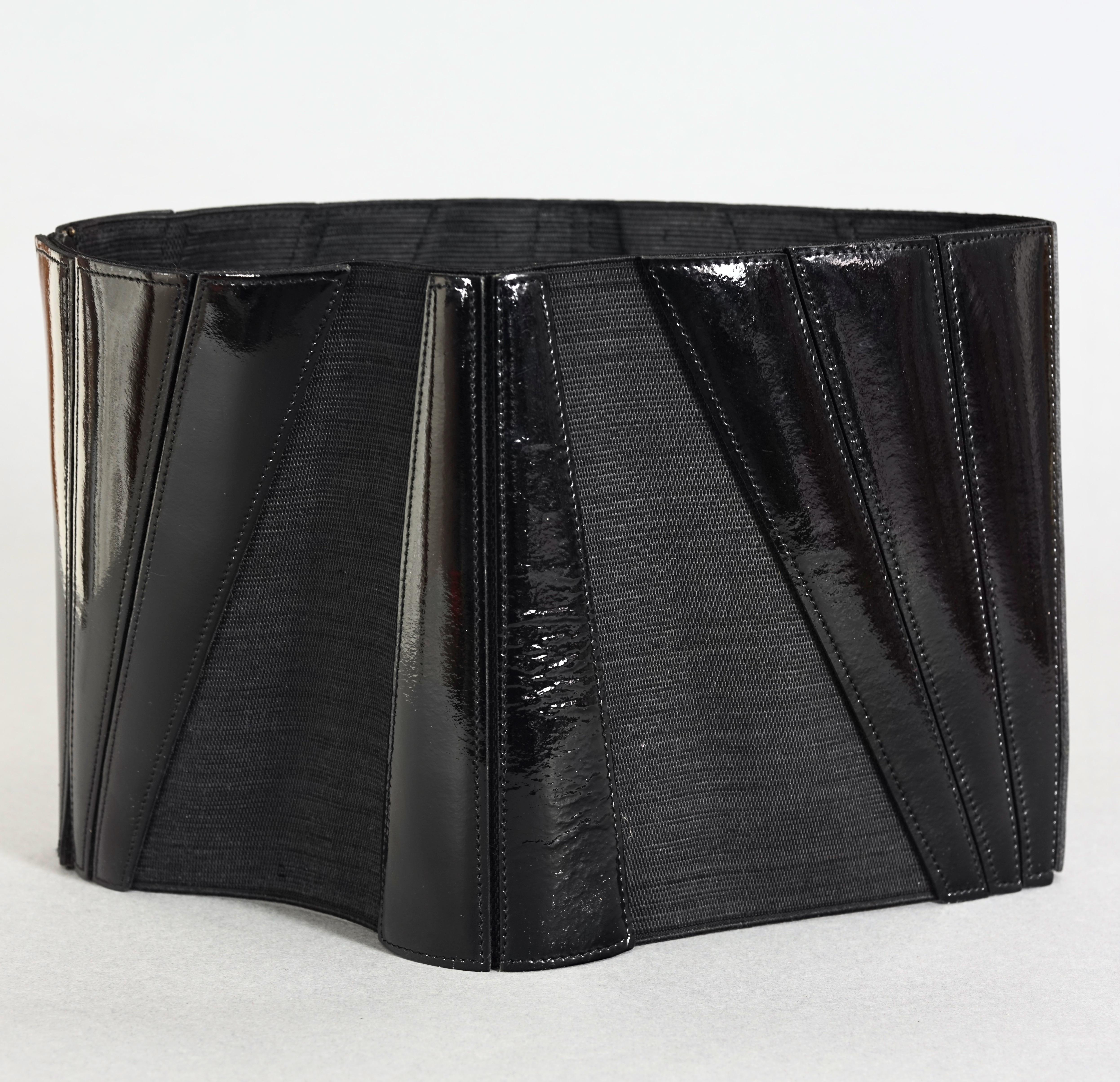 Women's Vintage CLAUDE MONTANA Wide Black Patent Leather Elastic Corset Obi Belt