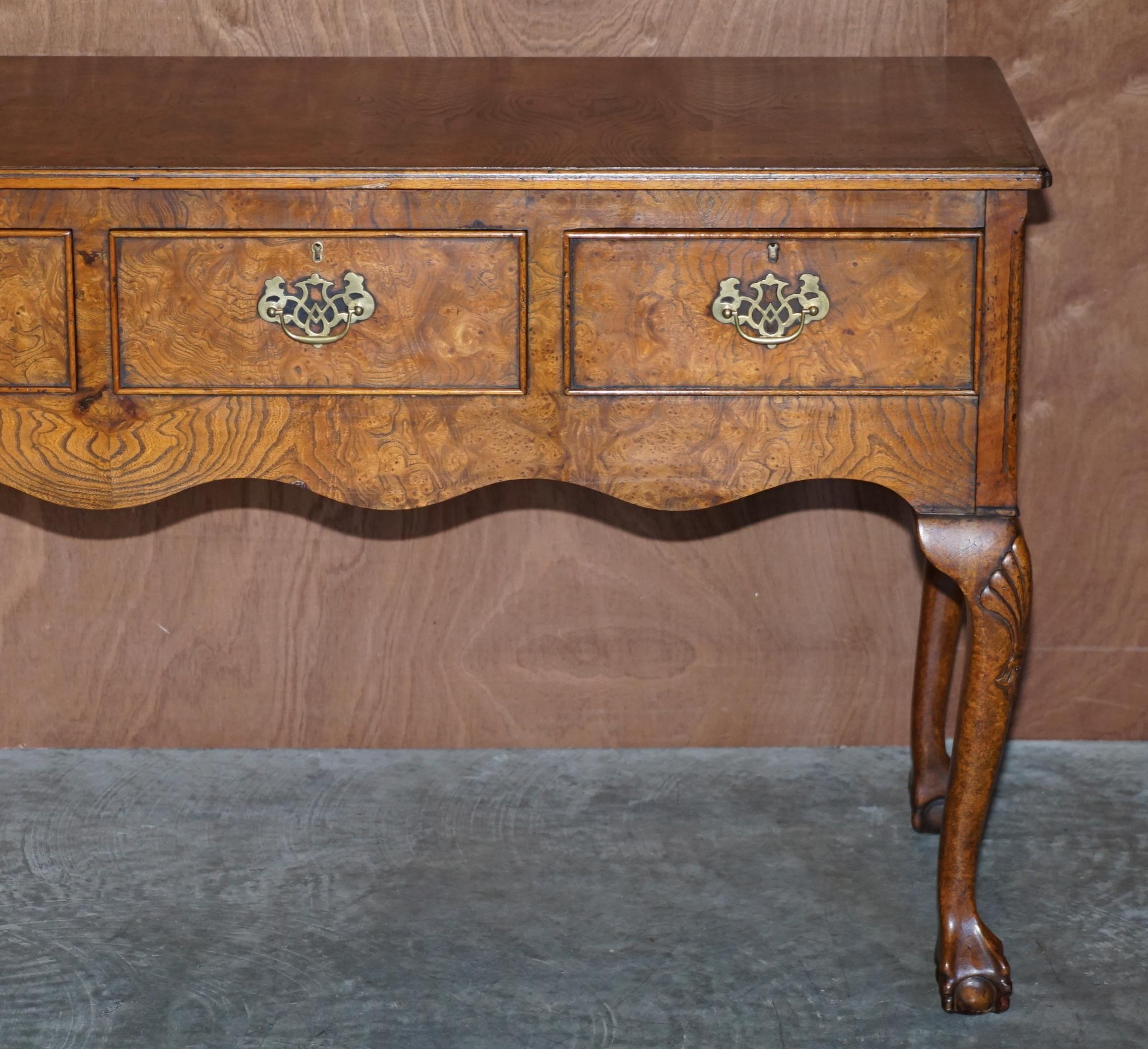 English Vintage Claw & Ball Feet Burr Elm Sideboard Console Table Four Large Drawers