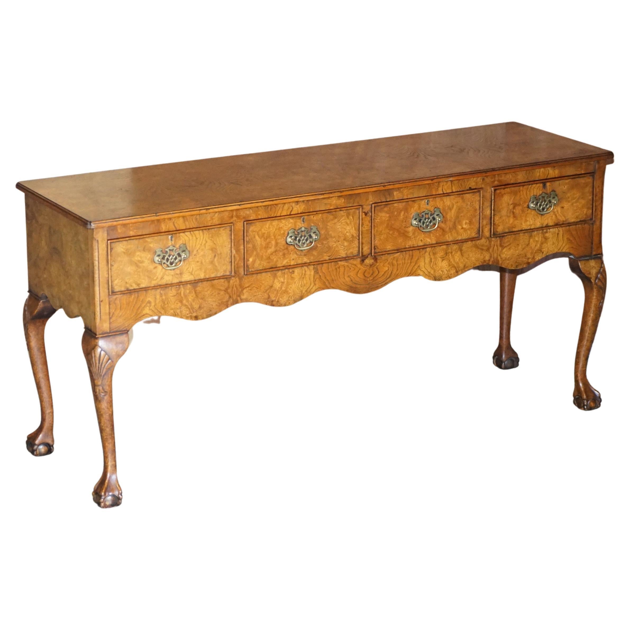 Vintage Claw & Ball Feet Burr Elm Sideboard Console Table Four Large Drawers