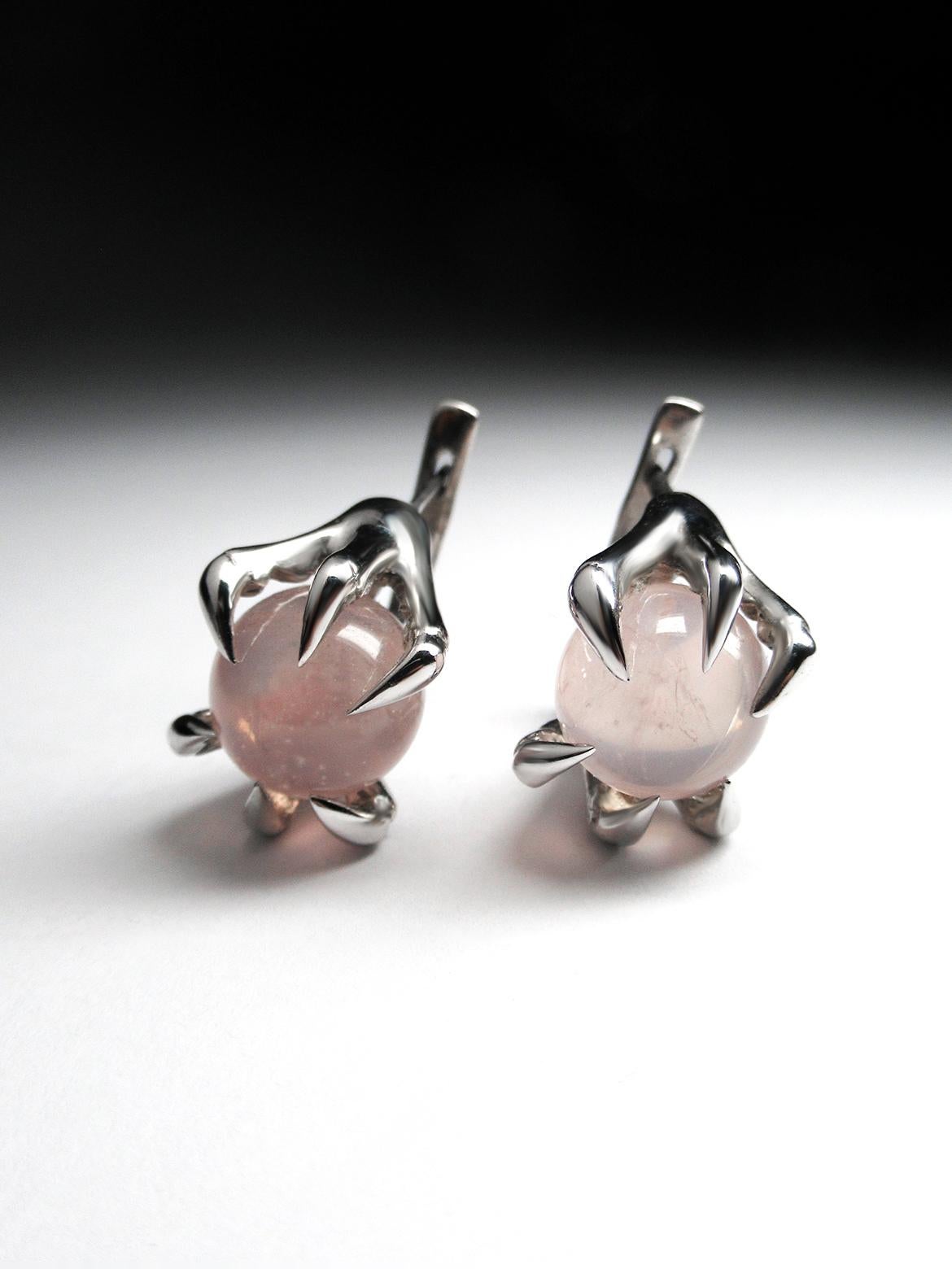 Artisan Vintage Claw Rose Quartz SIlver Earrings For Sale