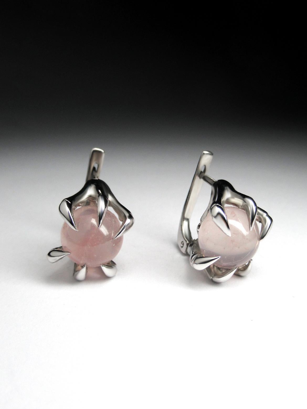 Round Cut Vintage Claw Rose Quartz SIlver Earrings For Sale