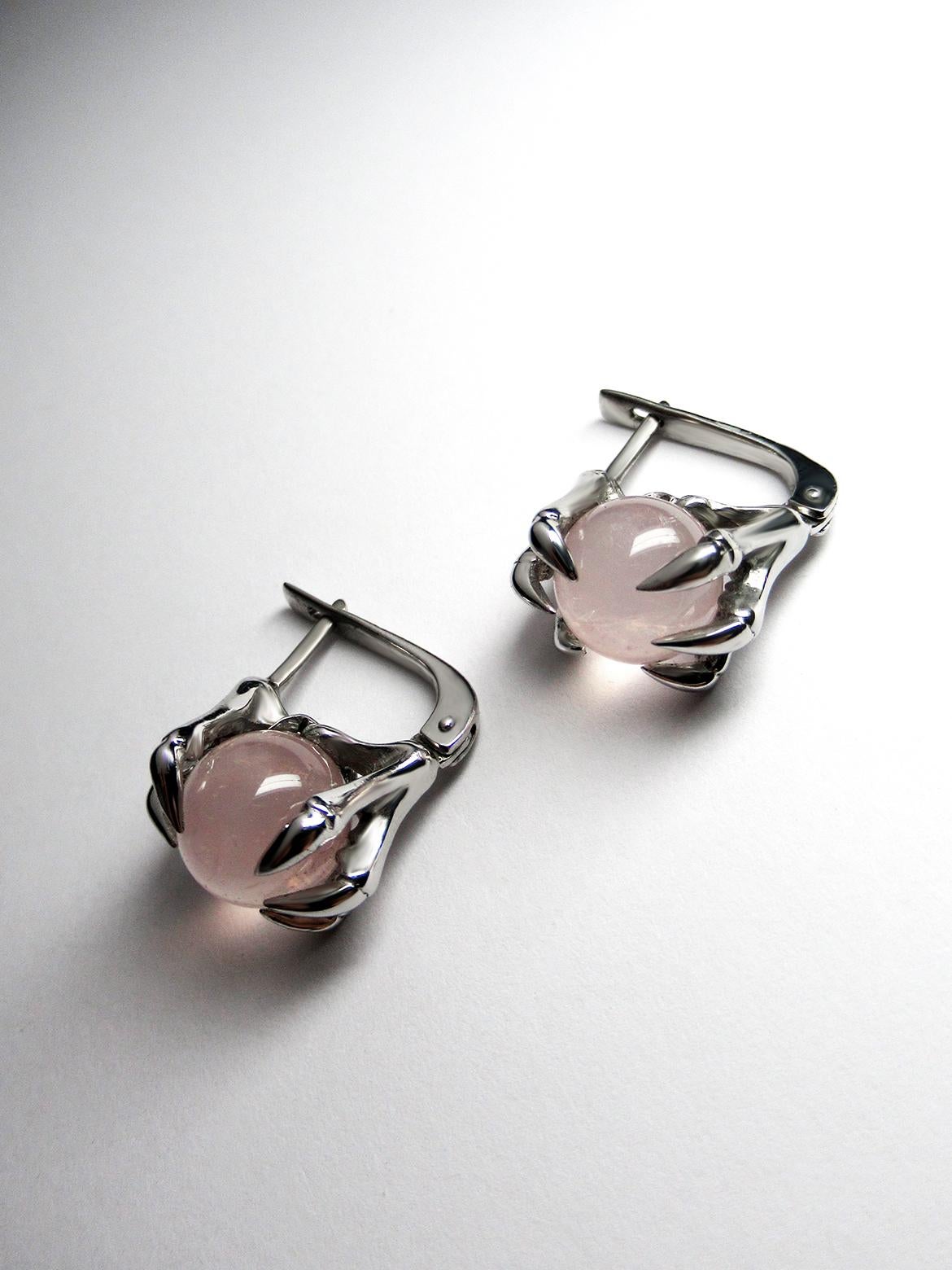 Vintage Claw Rose Quartz SIlver Earrings In New Condition For Sale In Berlin, DE