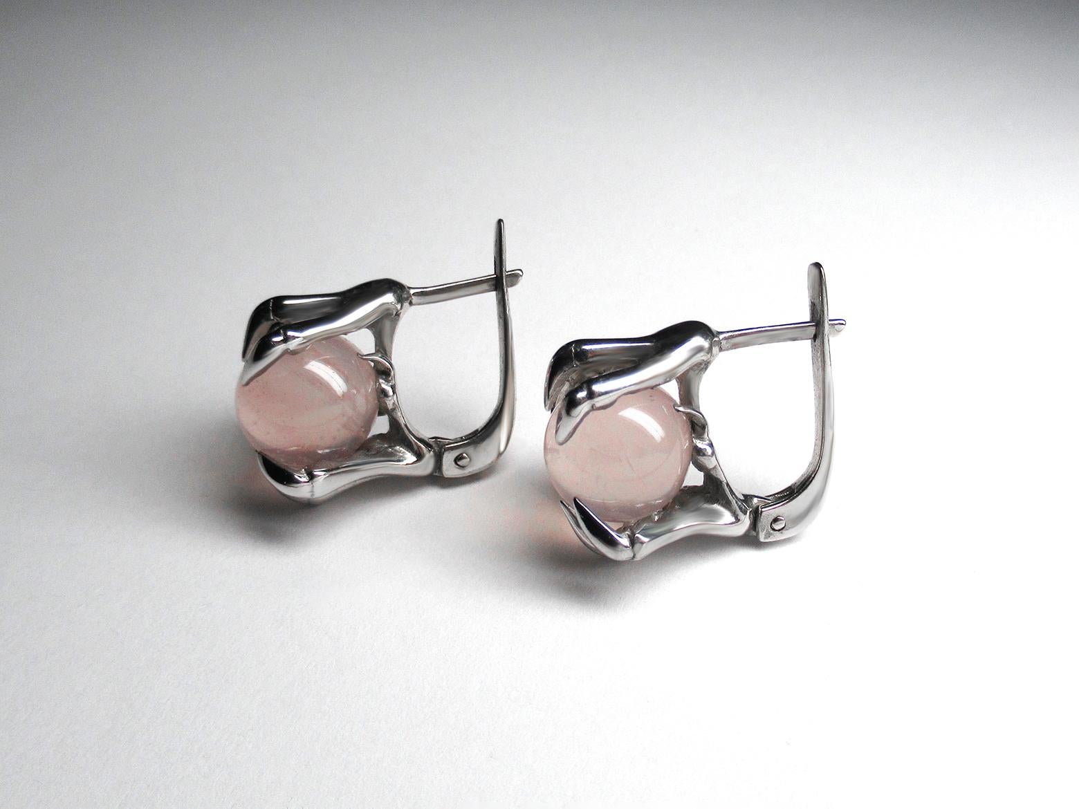 Women's or Men's Vintage Claw Rose Quartz SIlver Earrings For Sale