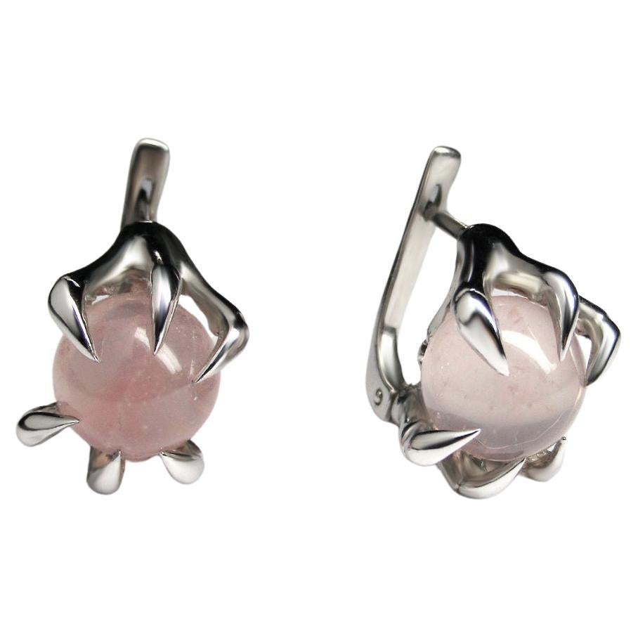 Vintage Claw Rose Quartz SIlver Earrings For Sale
