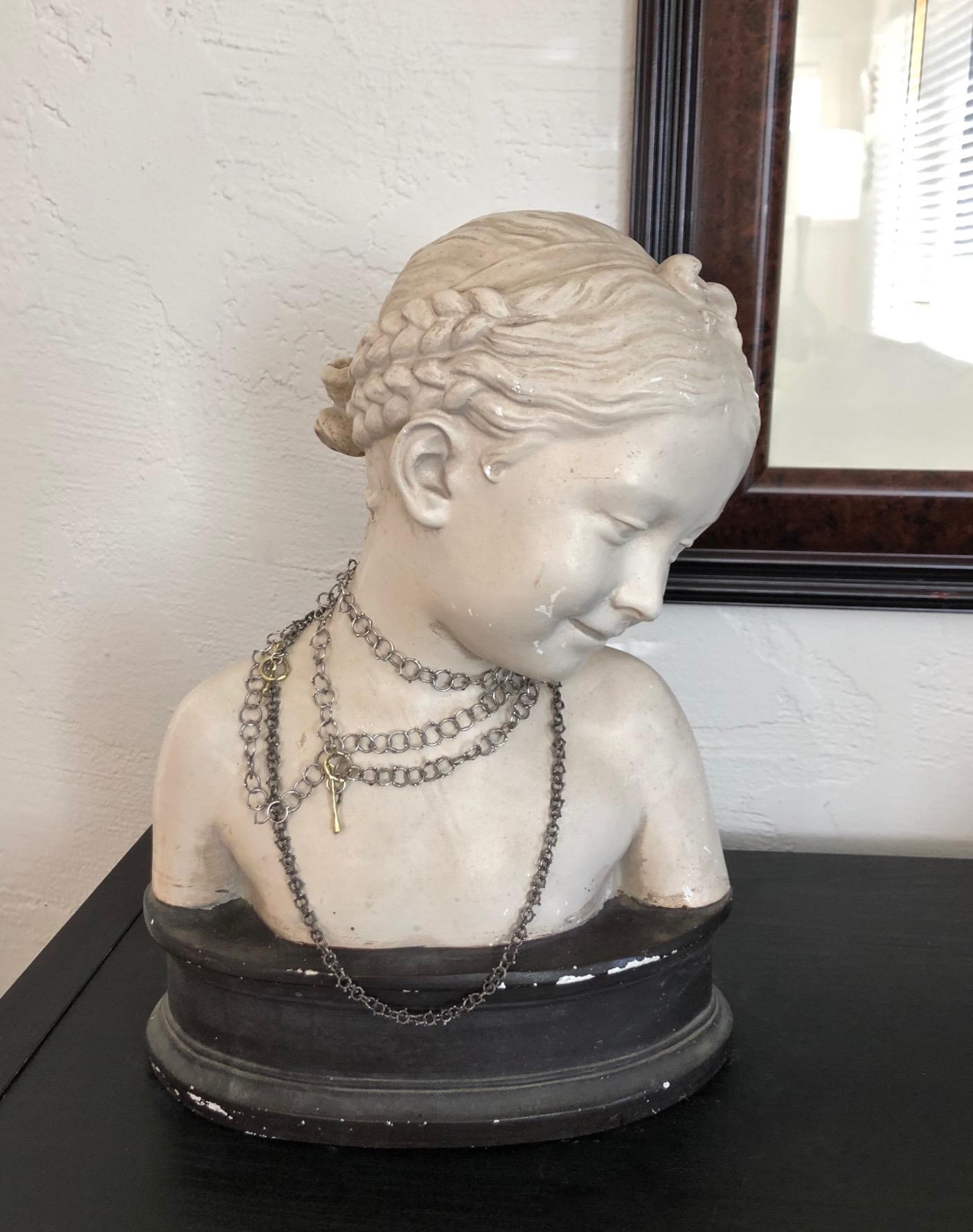 20th Century Vintage Clay Bust of Young Girl For Sale