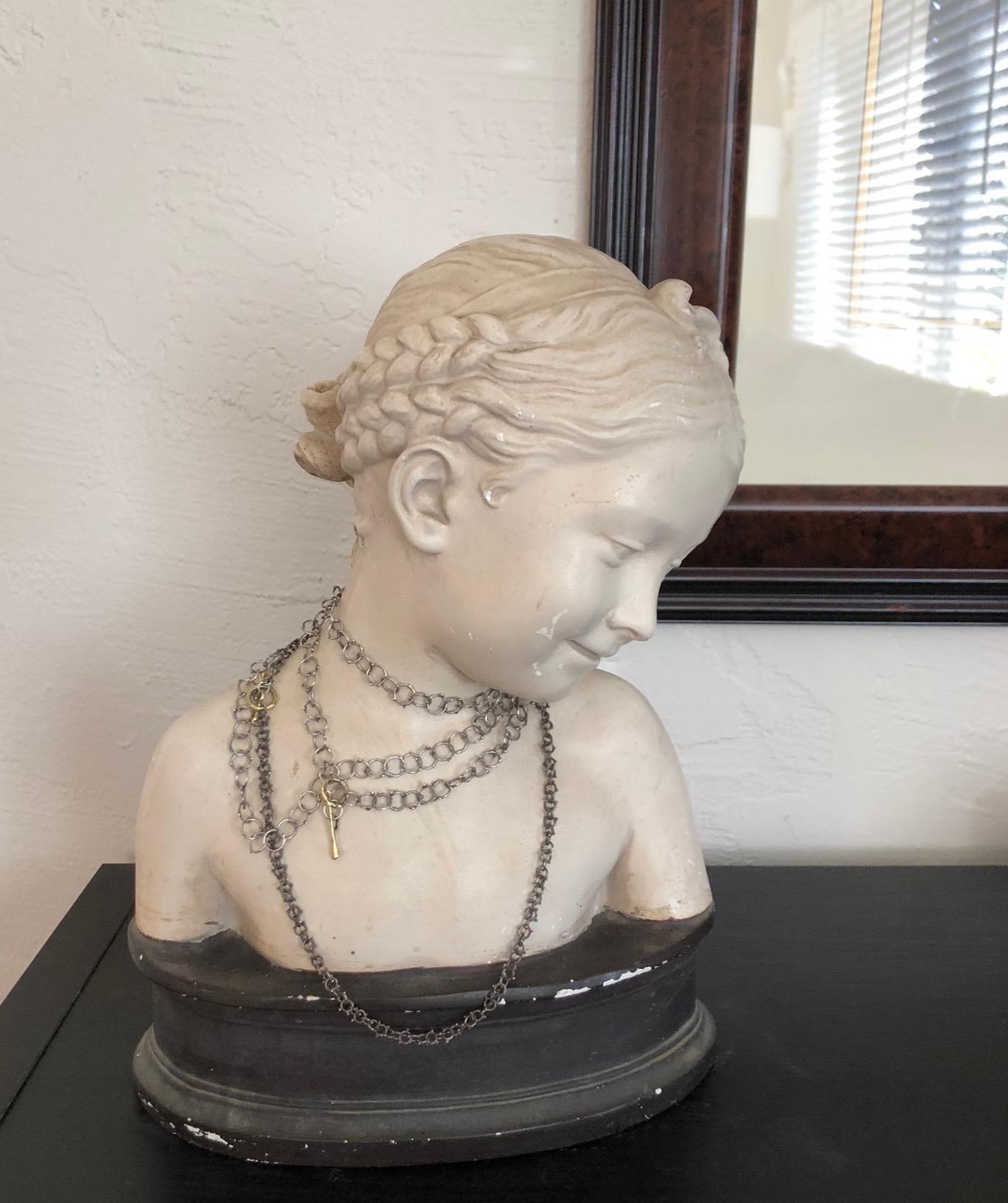 Vintage Clay Bust of Young Girl For Sale 1