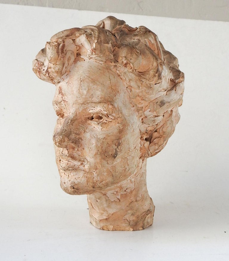 Vintage Clay Head Bust of Young Man Sculpture For Sale at 1stDibs