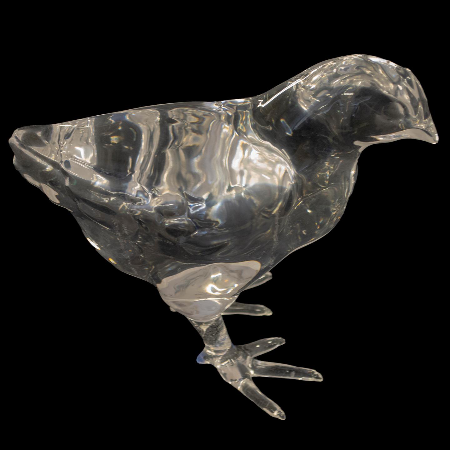 This set of hand-carved and polished acrylic chicks was created by artist Mark Yurkiw for brochure photography. As such, they are only 75% three-dimensional, with a flat rear surface. Today, these decorative figurines would add a sense of charm