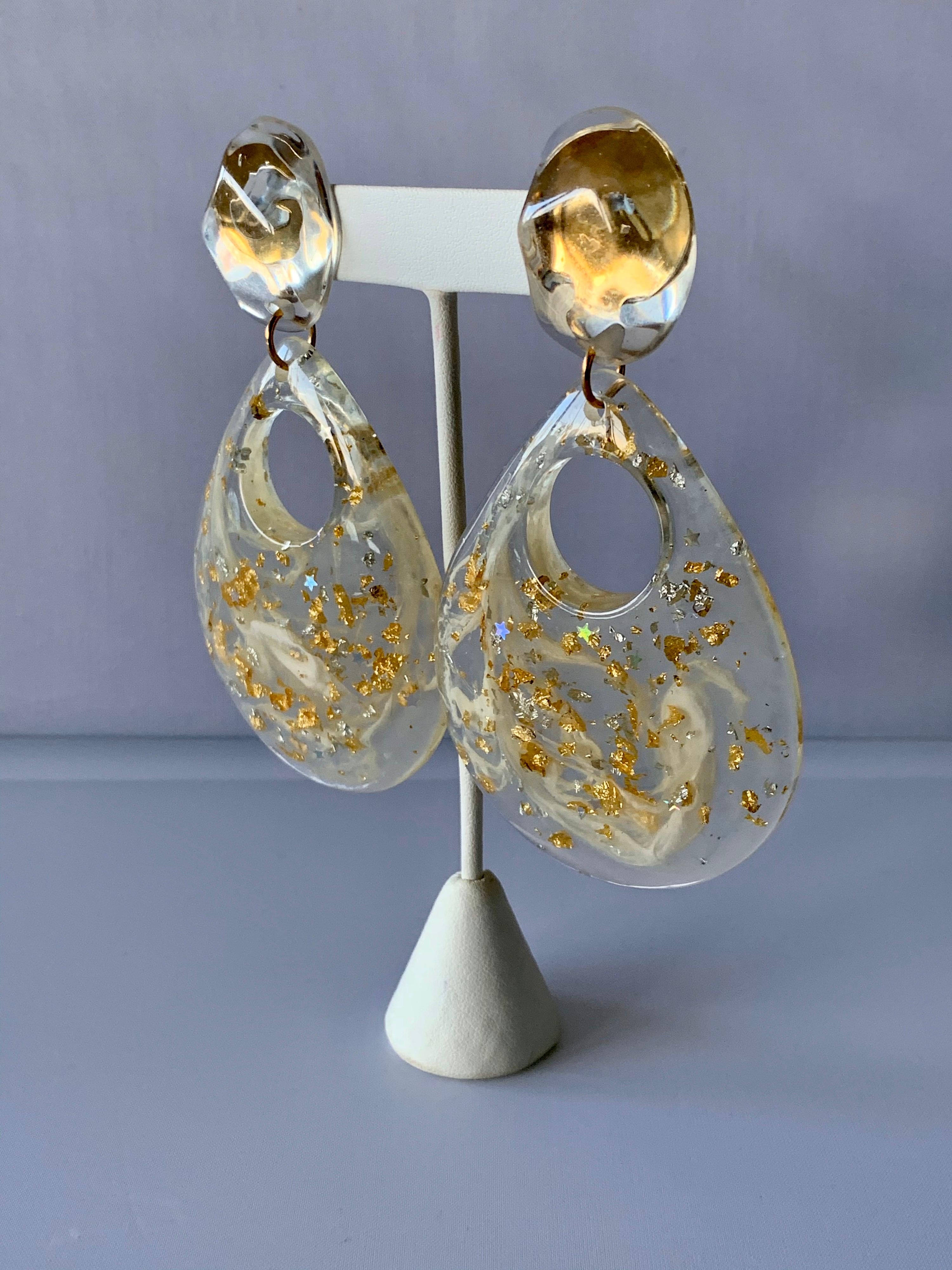 Contemporary Vintage Clear Acrylic Gold Flake Statement Earrings 