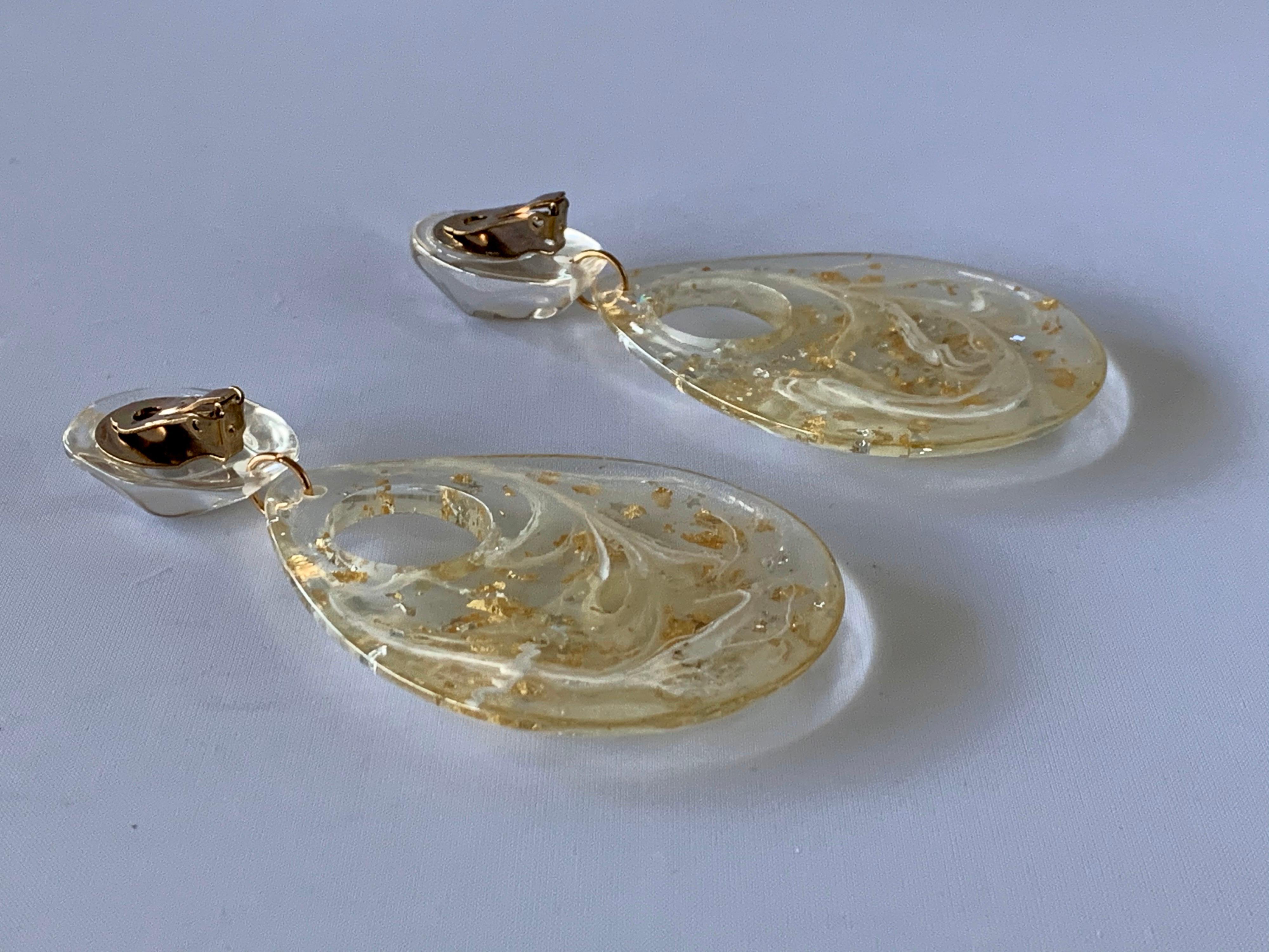 Women's Vintage Clear Acrylic Gold Flake Statement Earrings 