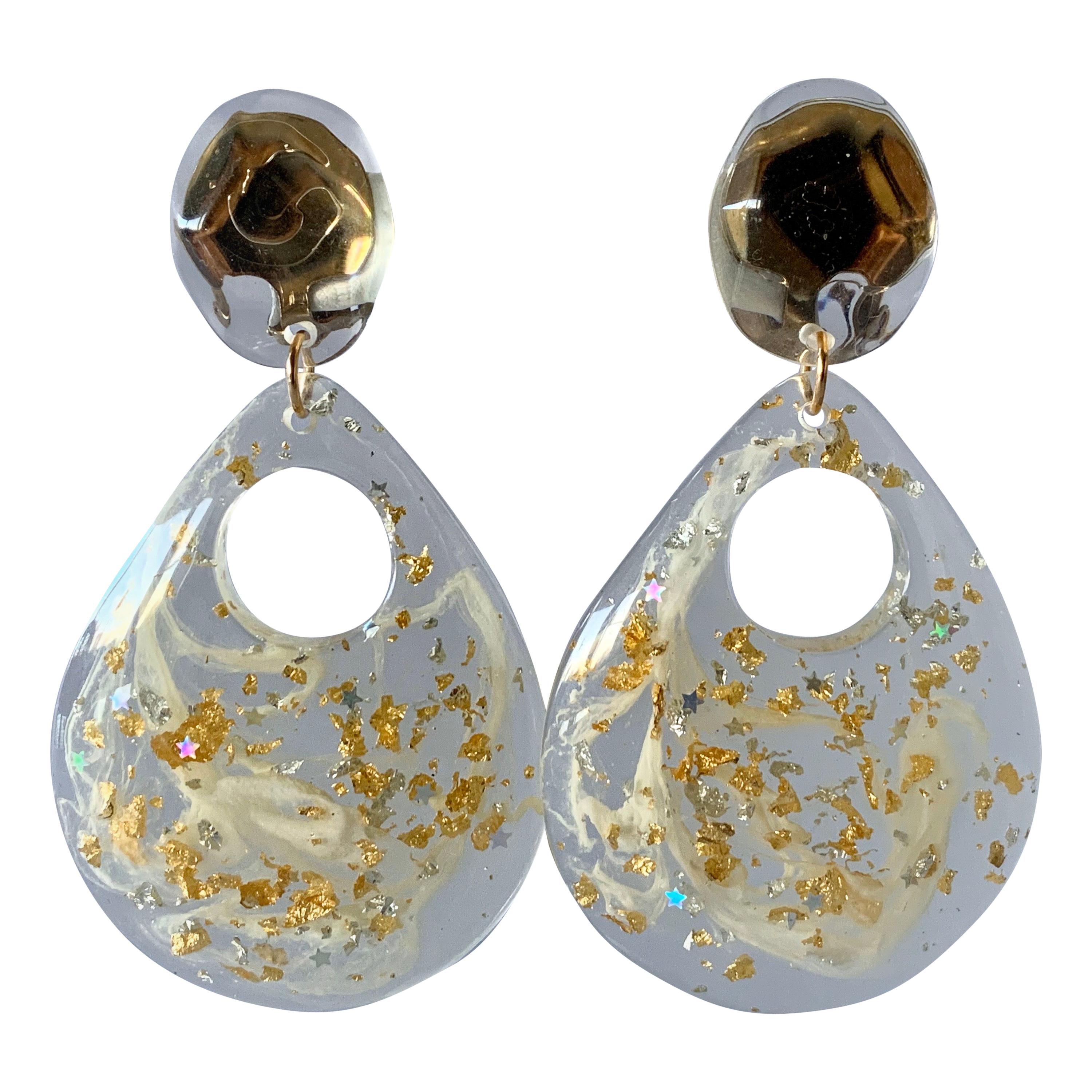 Vintage Clear Acrylic Gold Flake Statement Earrings 
