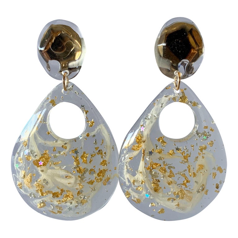 Vintage Clear Acrylic Gold Flake Statement Earrings at 1stDibs gold
