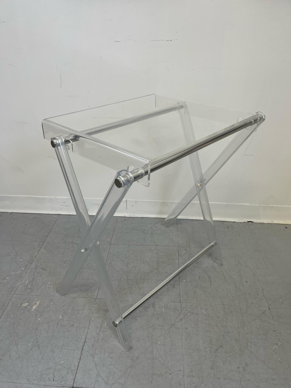 Mid-Century Modern Vintage Clear Acrylic or Lucite Foldable Stand With Chrome Accent. For Sale