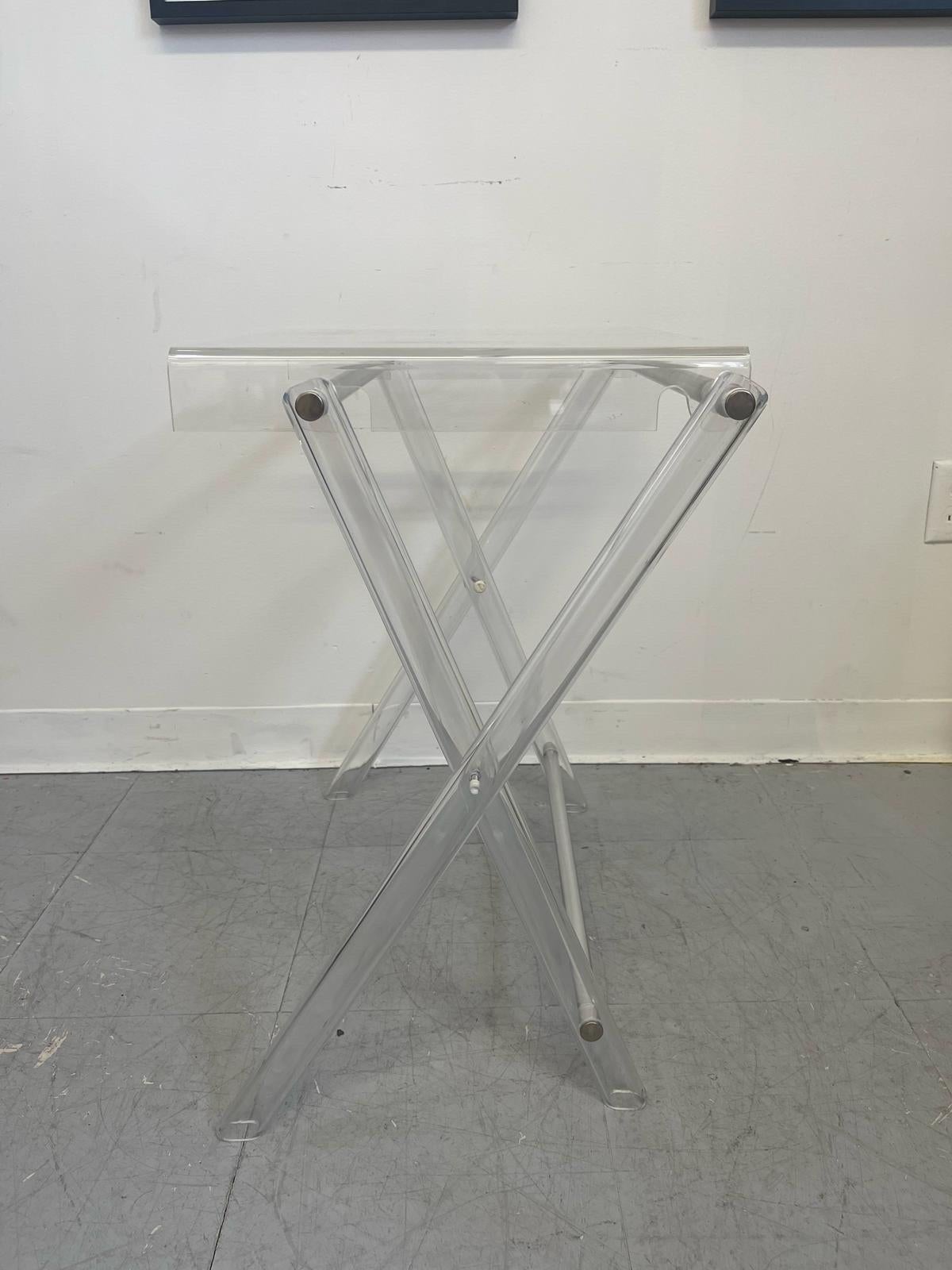 Vintage Clear Acrylic or Lucite Foldable Stand With Chrome Accent. In Good Condition For Sale In Seattle, WA