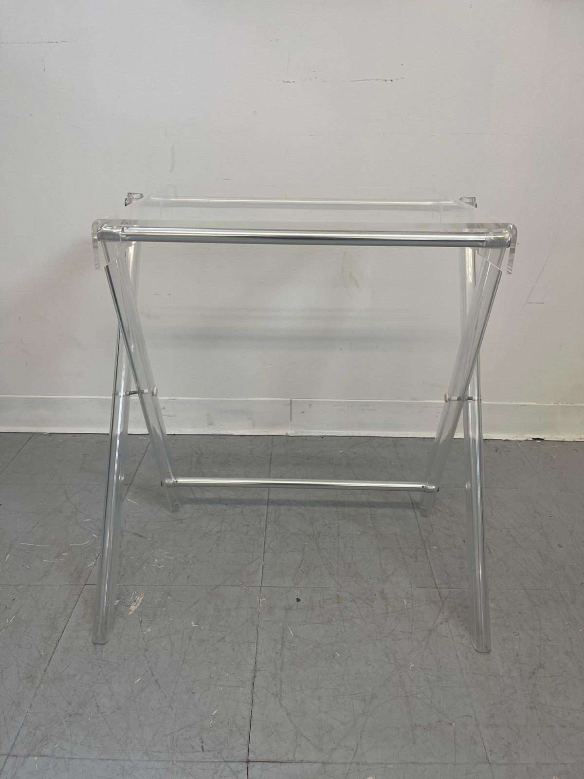 Late 20th Century Vintage Clear Acrylic or Lucite Foldable Stand With Chrome Accent. For Sale