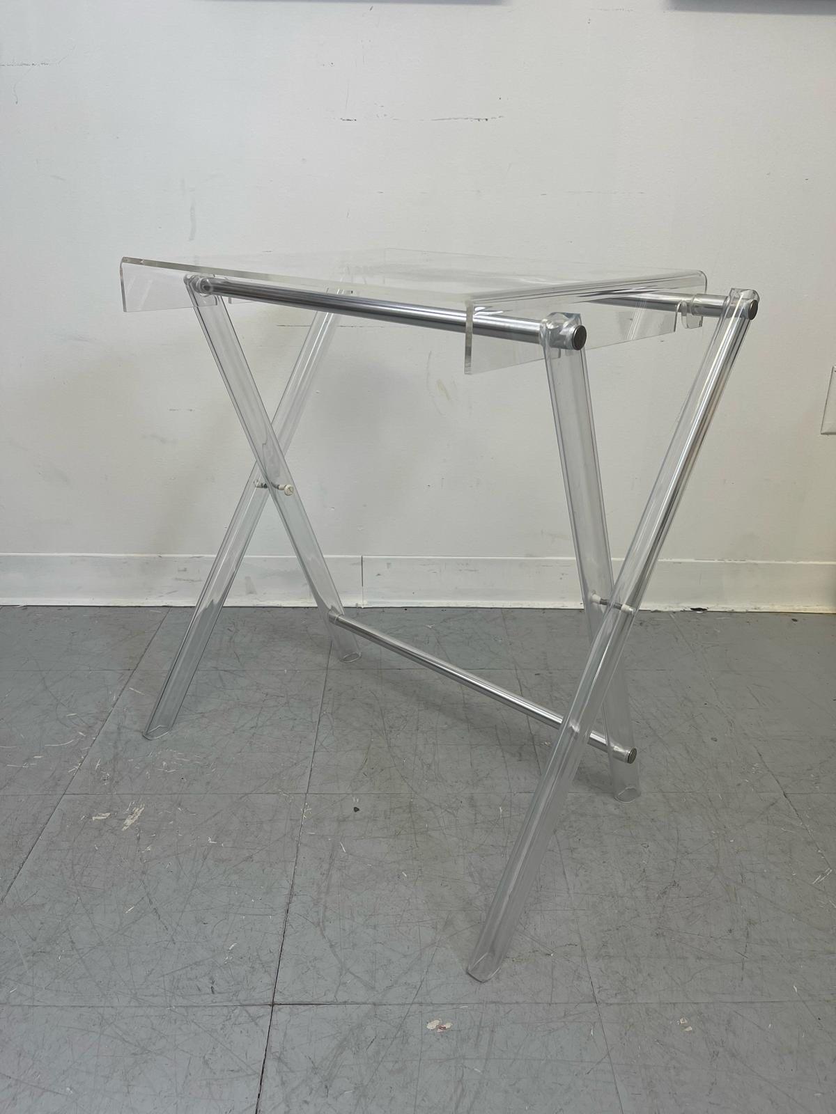 Plastic Vintage Clear Acrylic or Lucite Foldable Stand With Chrome Accent. For Sale