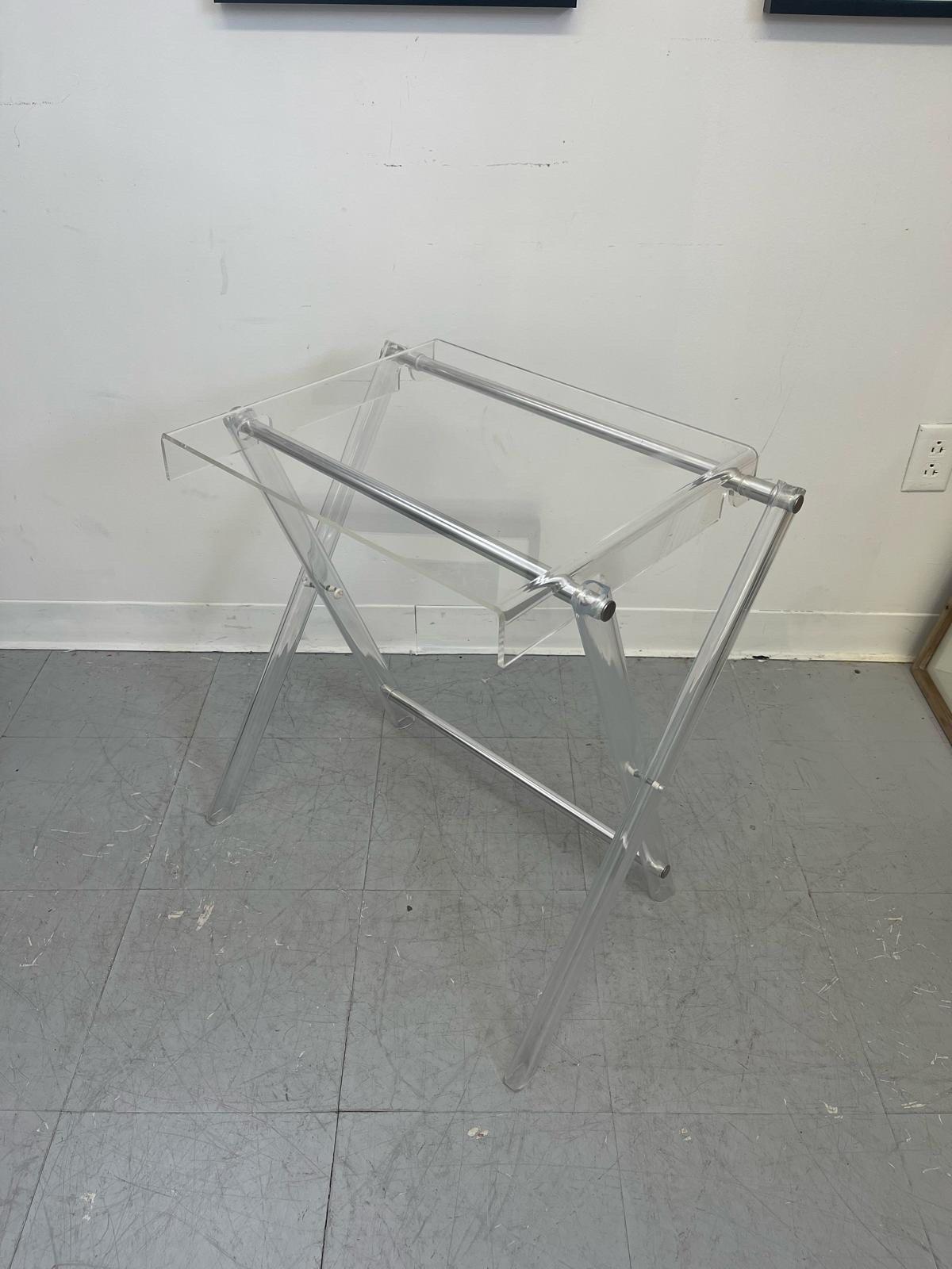 Vintage Clear Acrylic or Lucite Foldable Stand With Chrome Accent. For Sale 1