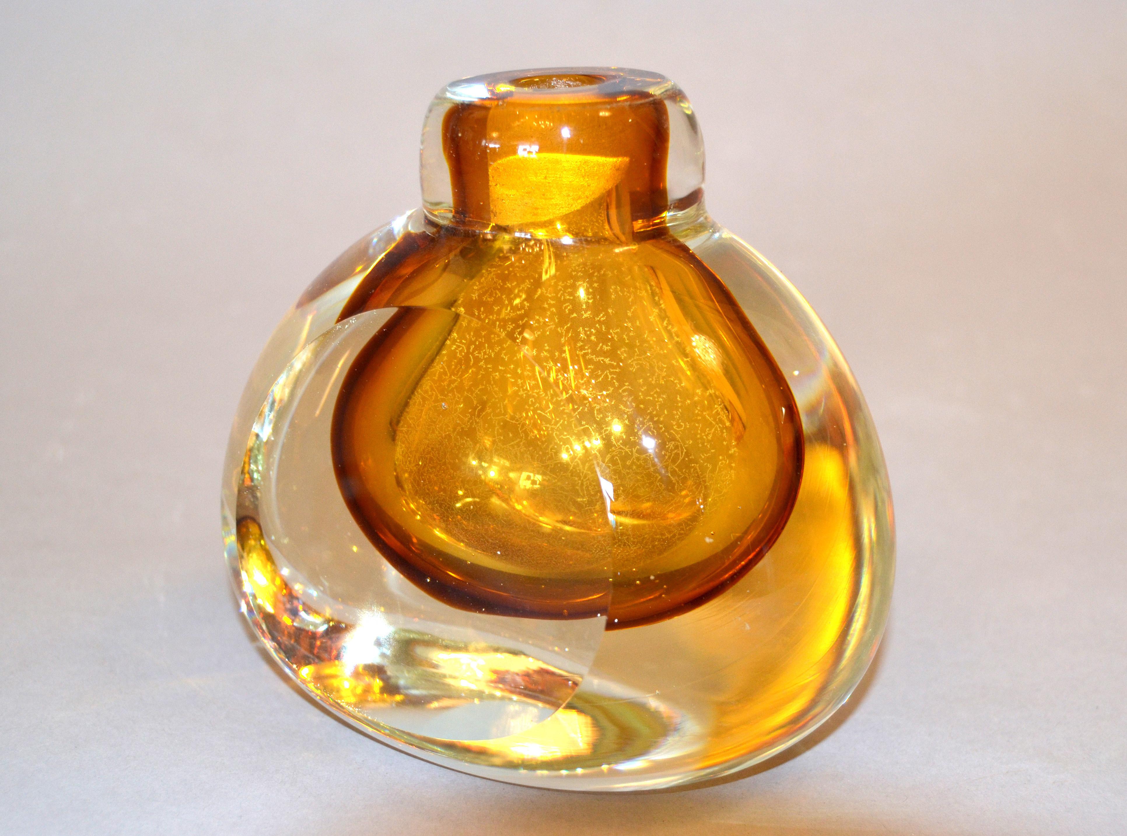20th Century Vintage Clear & Amber Controlled Bubbles Murano Art Glass Perfume Bottle, Italy