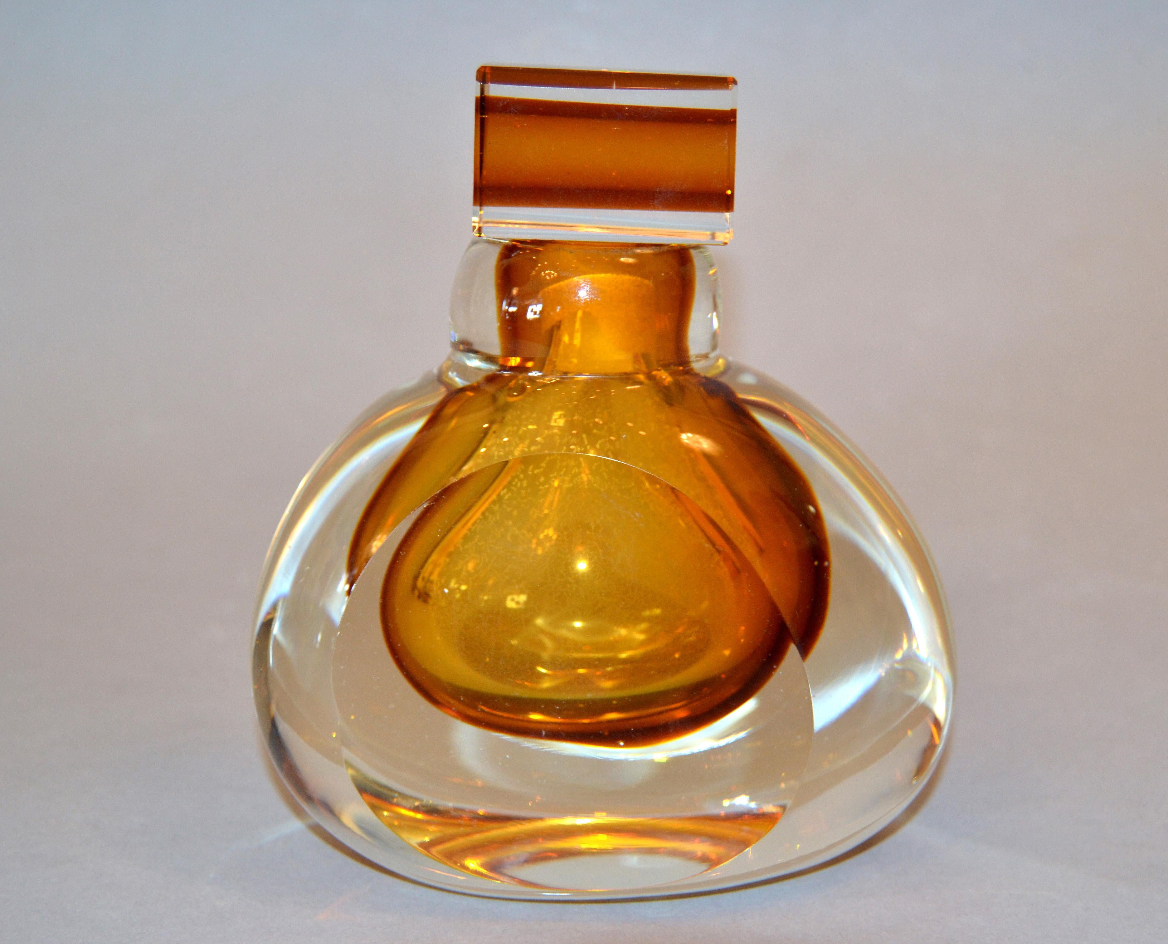 Vintage Clear & Amber Controlled Bubbles Murano Art Glass Perfume Bottle, Italy 2