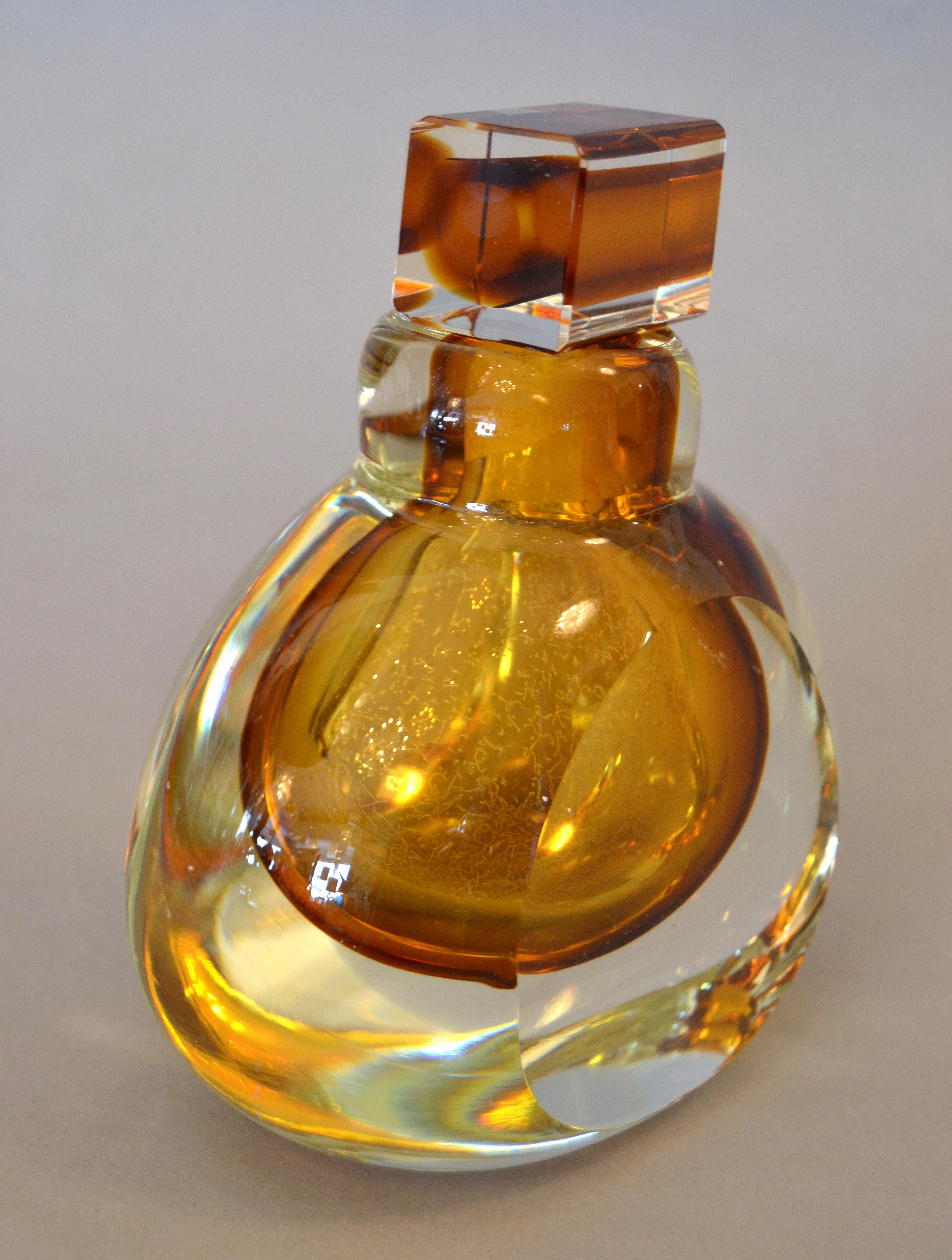 Vintage Clear & Amber Controlled Bubbles Murano Art Glass Perfume Bottle, Italy 4