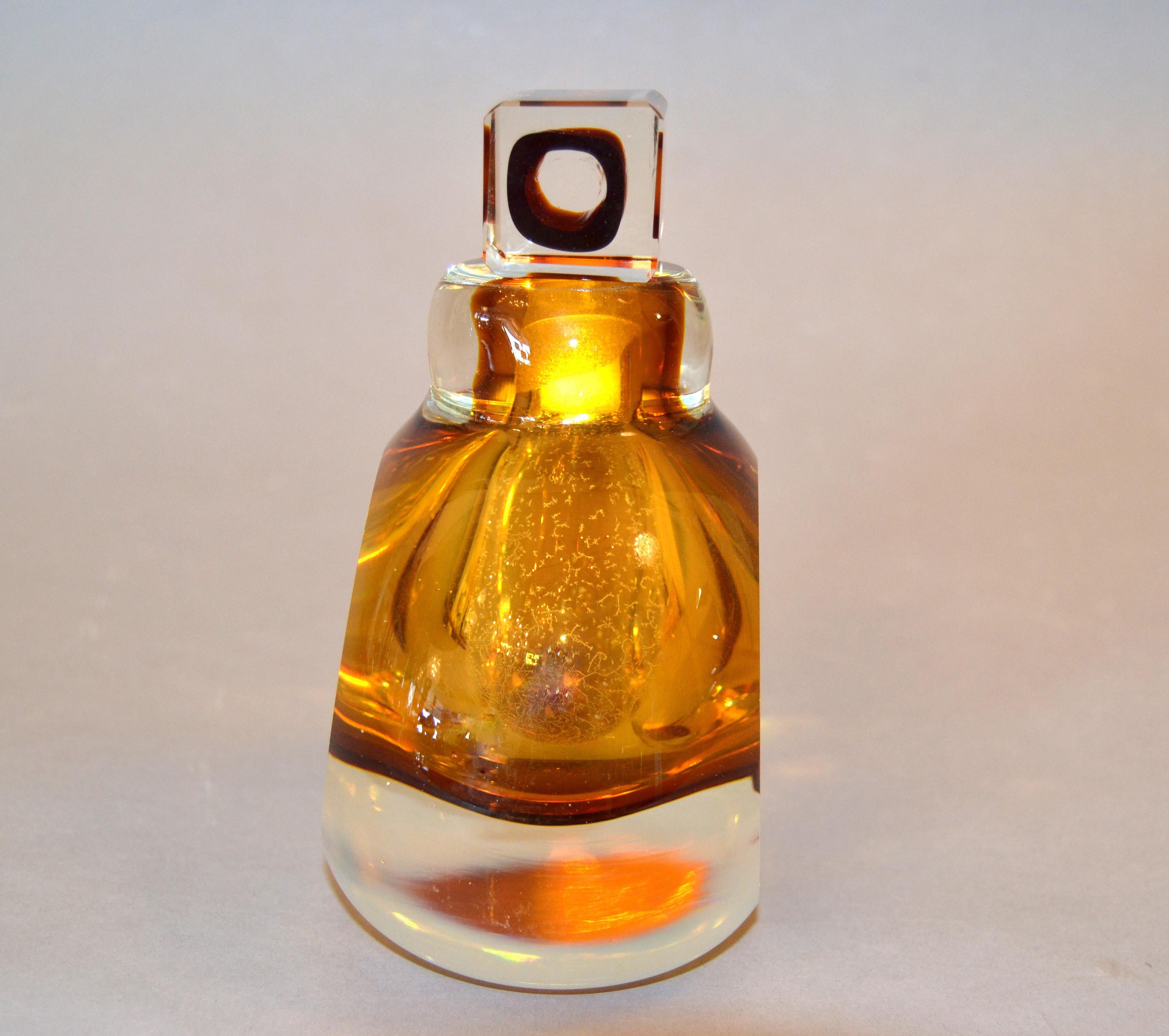 Mid-Century Modern Vintage Clear & Amber Controlled Bubbles Murano Art Glass Perfume Bottle, Italy