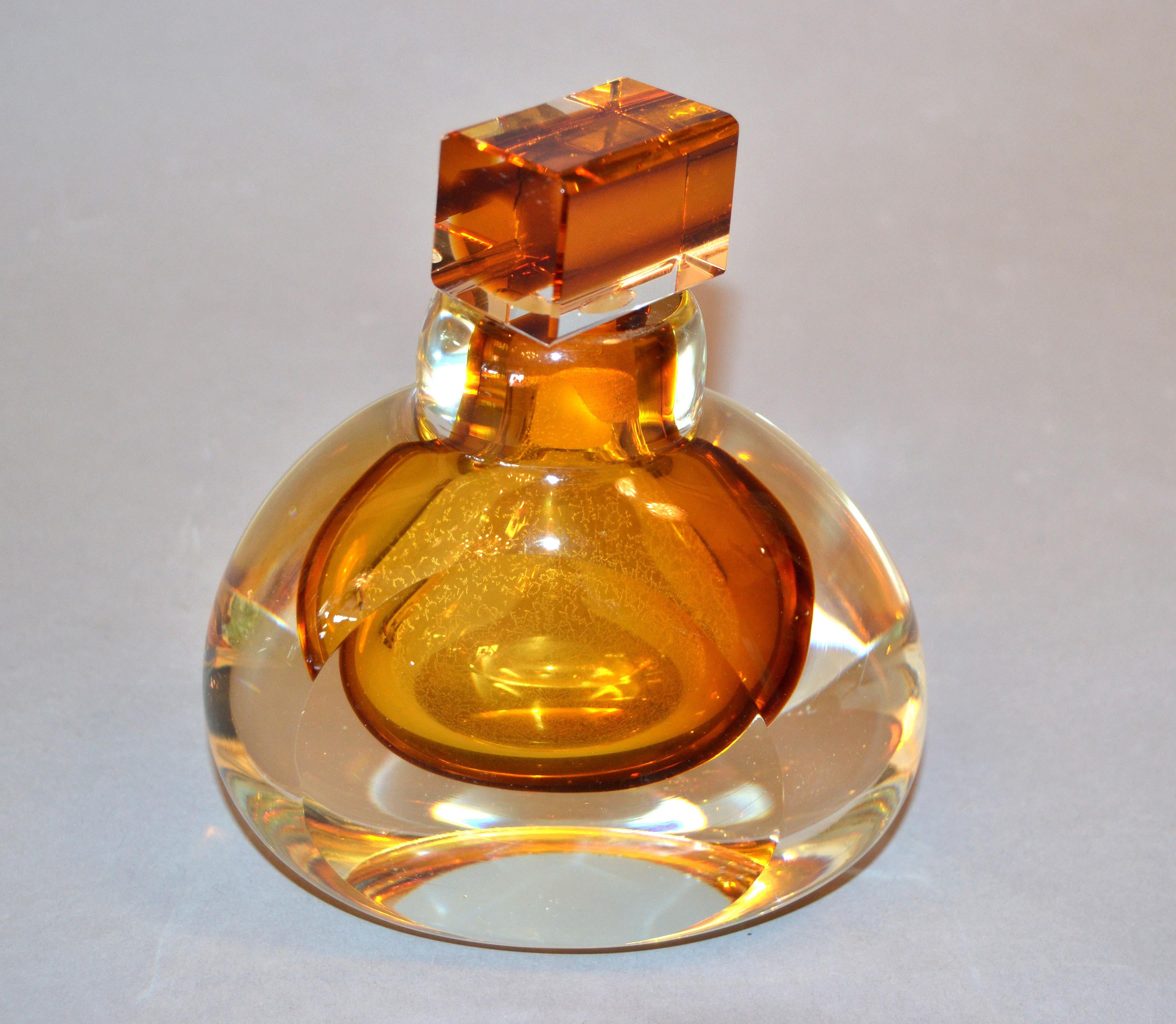 Hand-Crafted Vintage Clear & Amber Controlled Bubbles Murano Art Glass Perfume Bottle, Italy