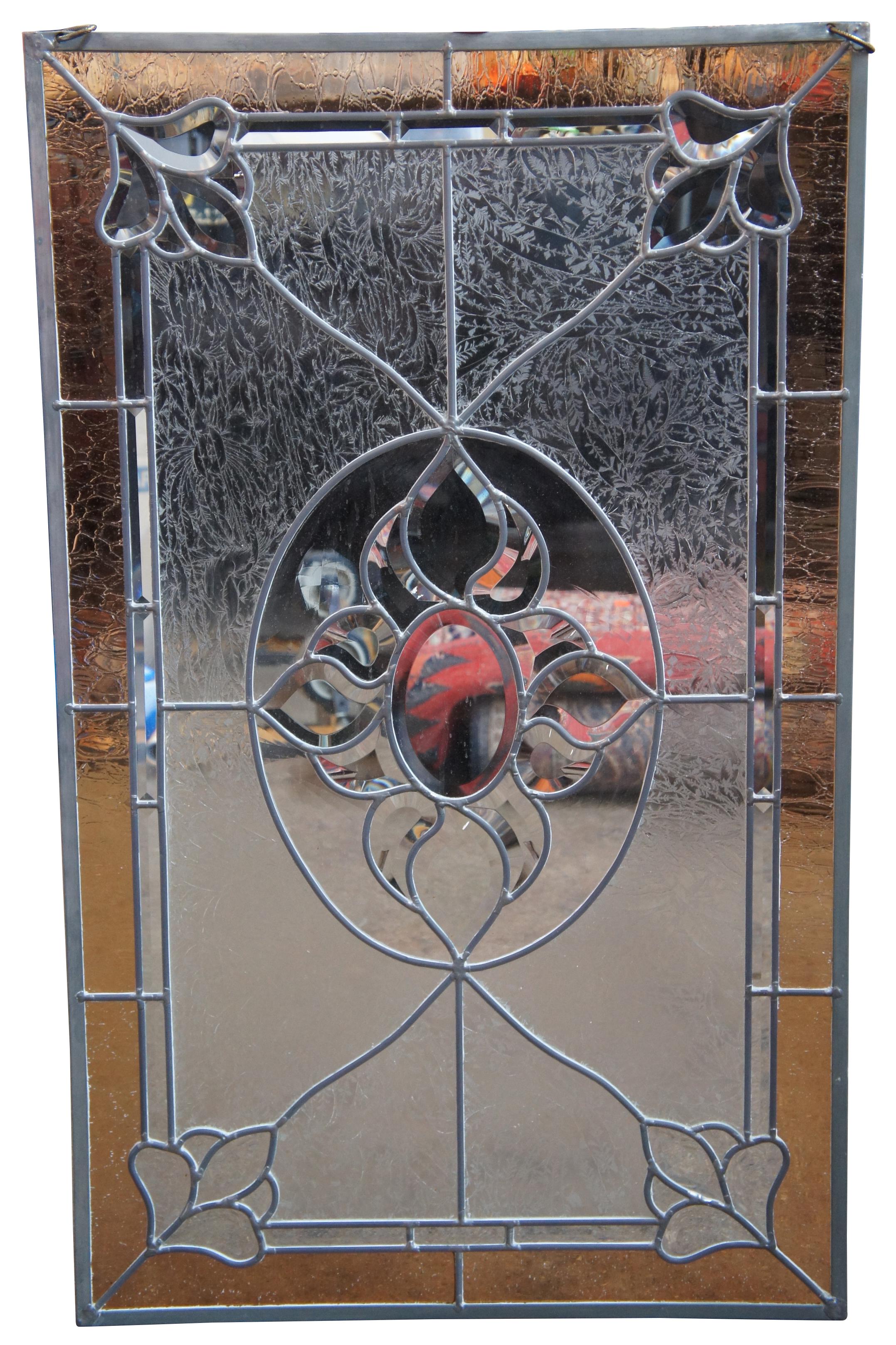 Victorian Vintage Clear Amber Leaded Stained Beveled Textured Glass Hanging Window Panel 