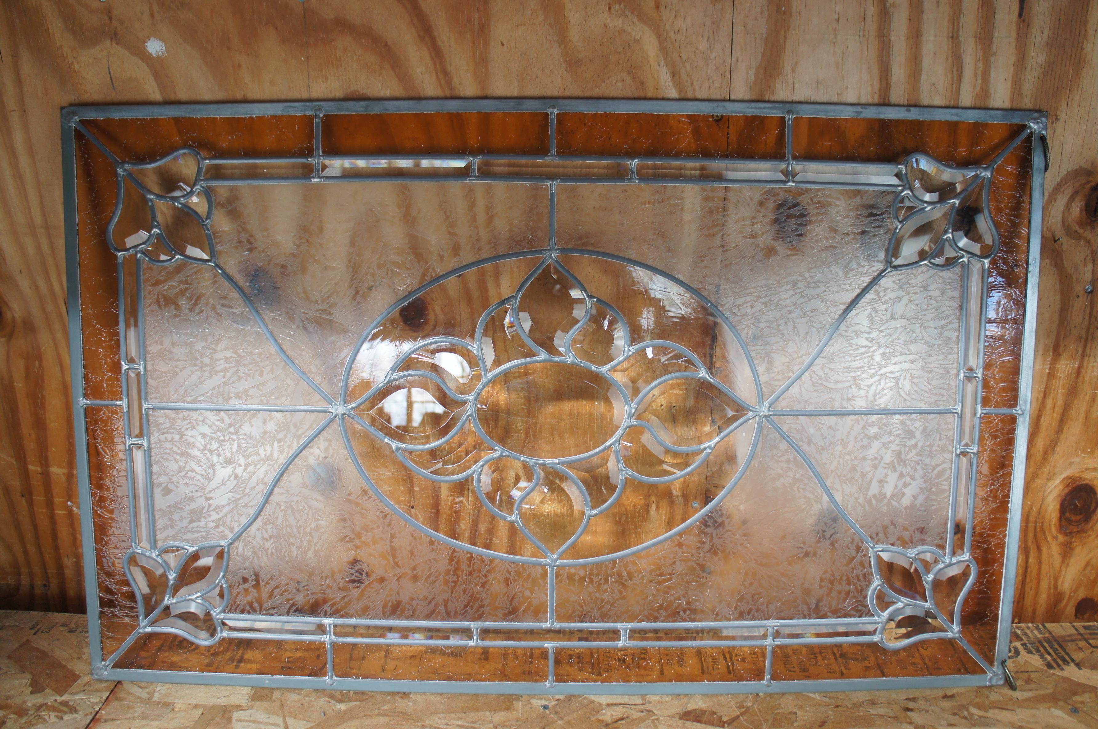 Vintage Clear Amber Leaded Stained Beveled Textured Glass Hanging Window Panel  In Good Condition In Dayton, OH