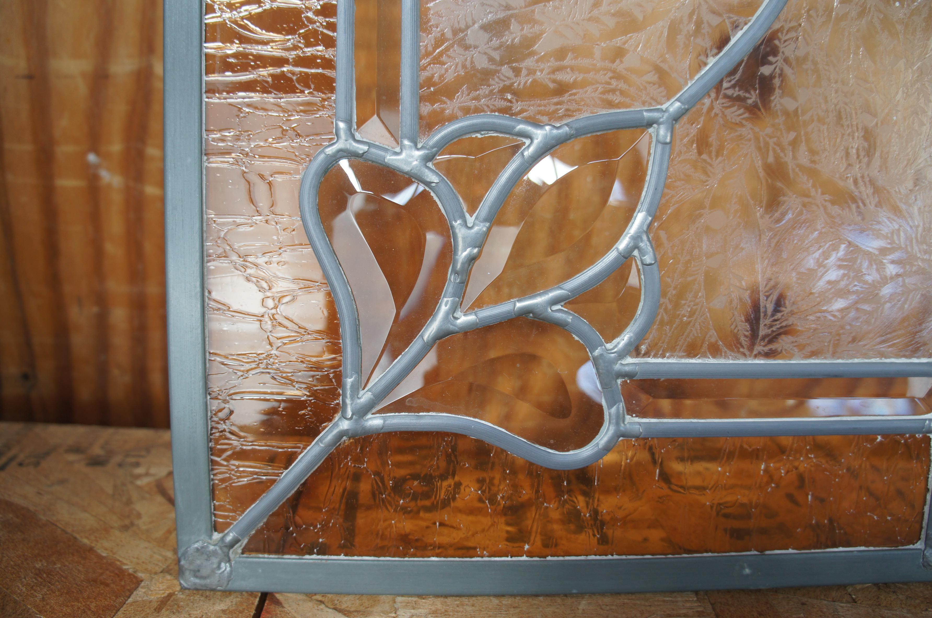 20th Century Vintage Clear Amber Leaded Stained Beveled Textured Glass Hanging Window Panel 