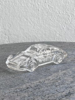Vintage Clear Glass Sculpture of a Classic Porsche 911, Racing Car Memorabilia