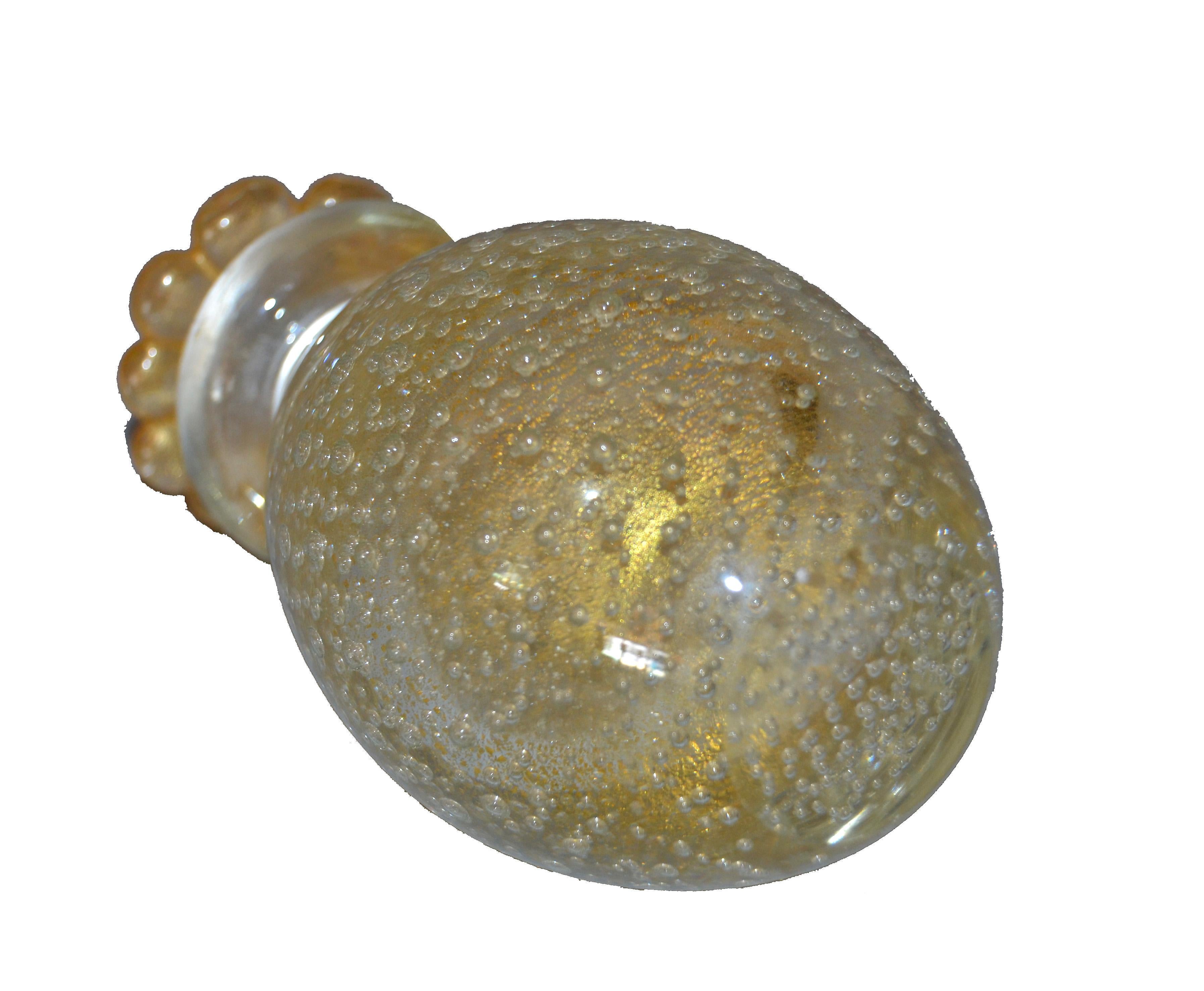 Mid-Century Modern Vintage Clear and Gold Dust Controlled Bubbles Murano Art Glass Perfume Bottle