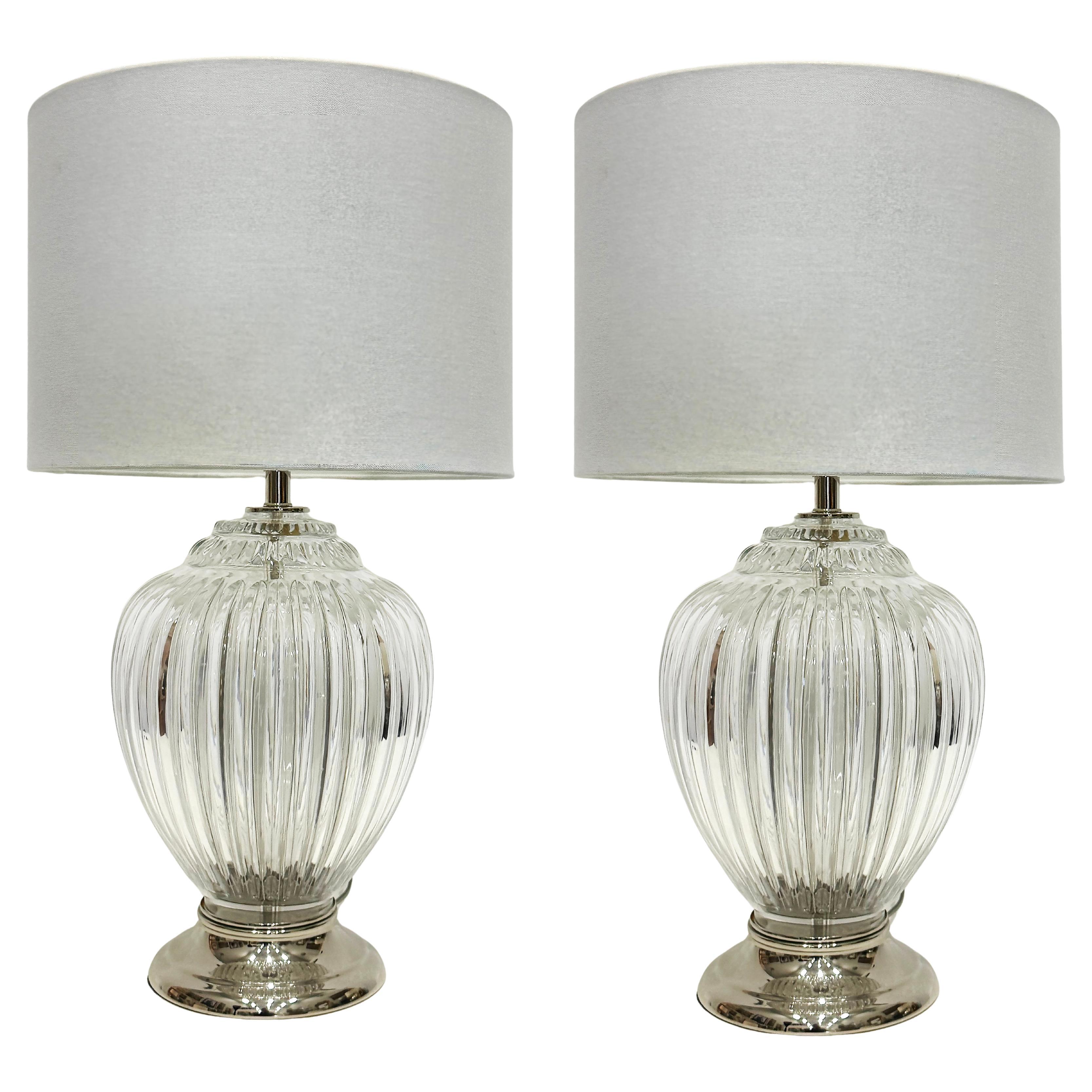 Vintage Clear Hand Blown Ribbed  Murano Glass Table Lamps, Pair