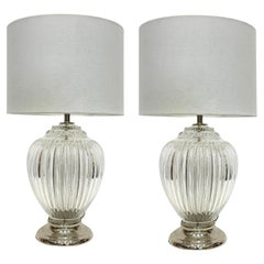Vintage Clear Hand Blown Ribbed  Murano Glass Table Lamps, Pair