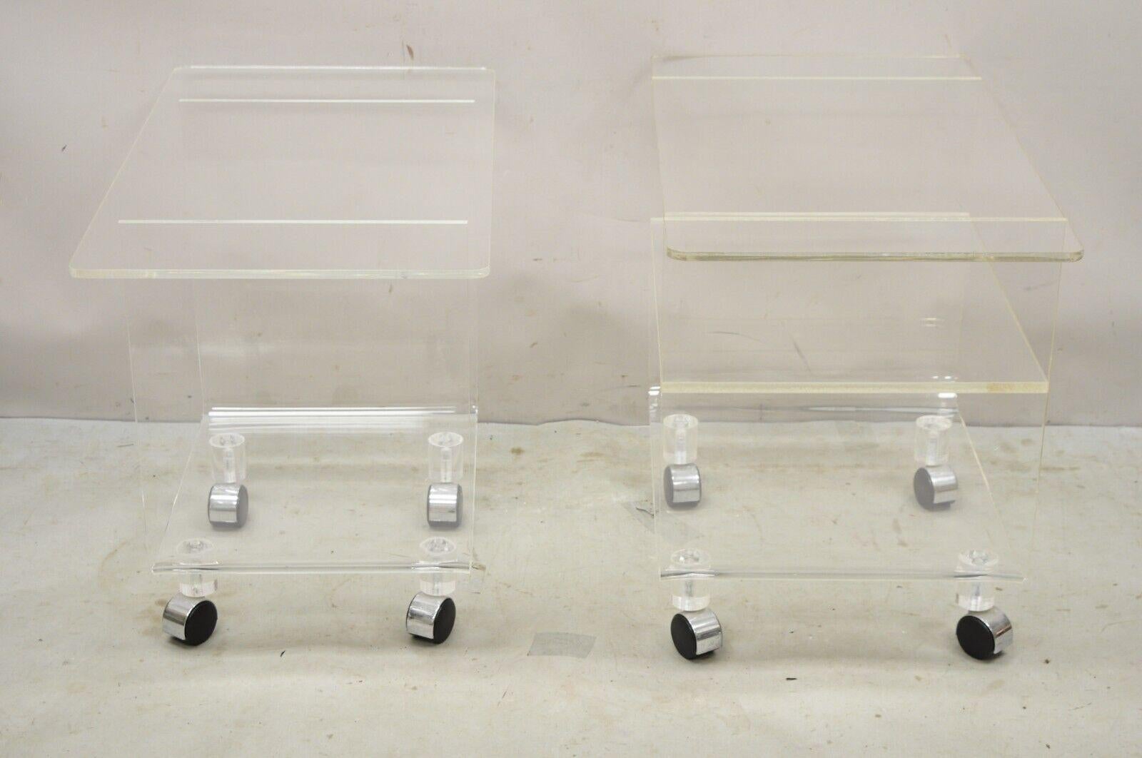 Vintage Clear Lucite Acrylic Mid Century Modern Rolling Side Tables - a Pair For Sale 6