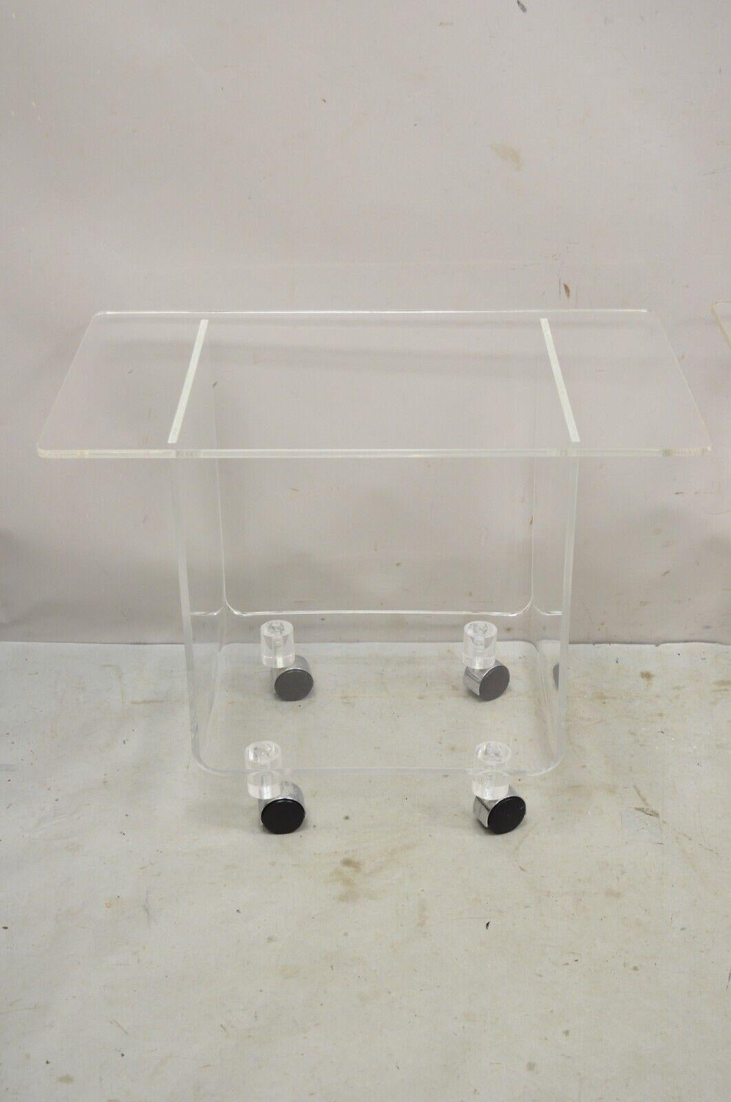 Mid-Century Modern Vintage Clear Lucite Acrylic Mid Century Modern Rolling Side Tables - a Pair For Sale