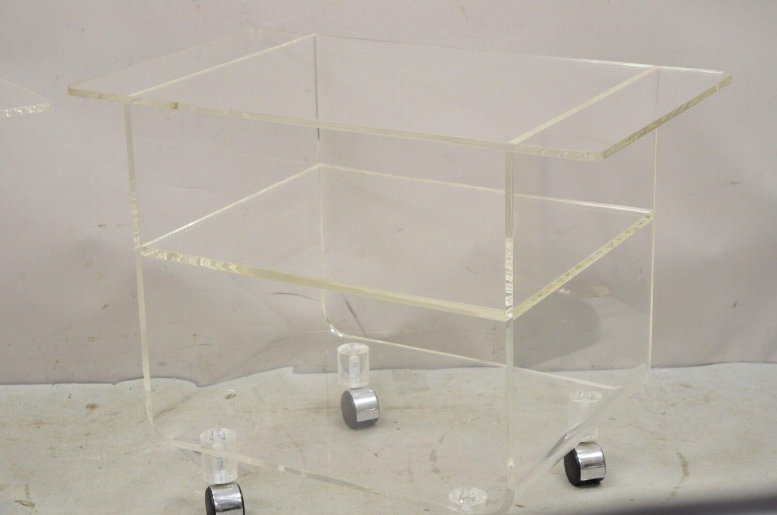Vintage Clear Lucite Acrylic Mid Century Modern Rolling Side Tables - a Pair For Sale 1