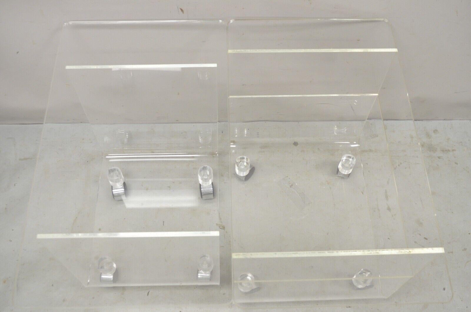 Vintage Clear Lucite Acrylic Mid Century Modern Rolling Side Tables - a Pair For Sale 2