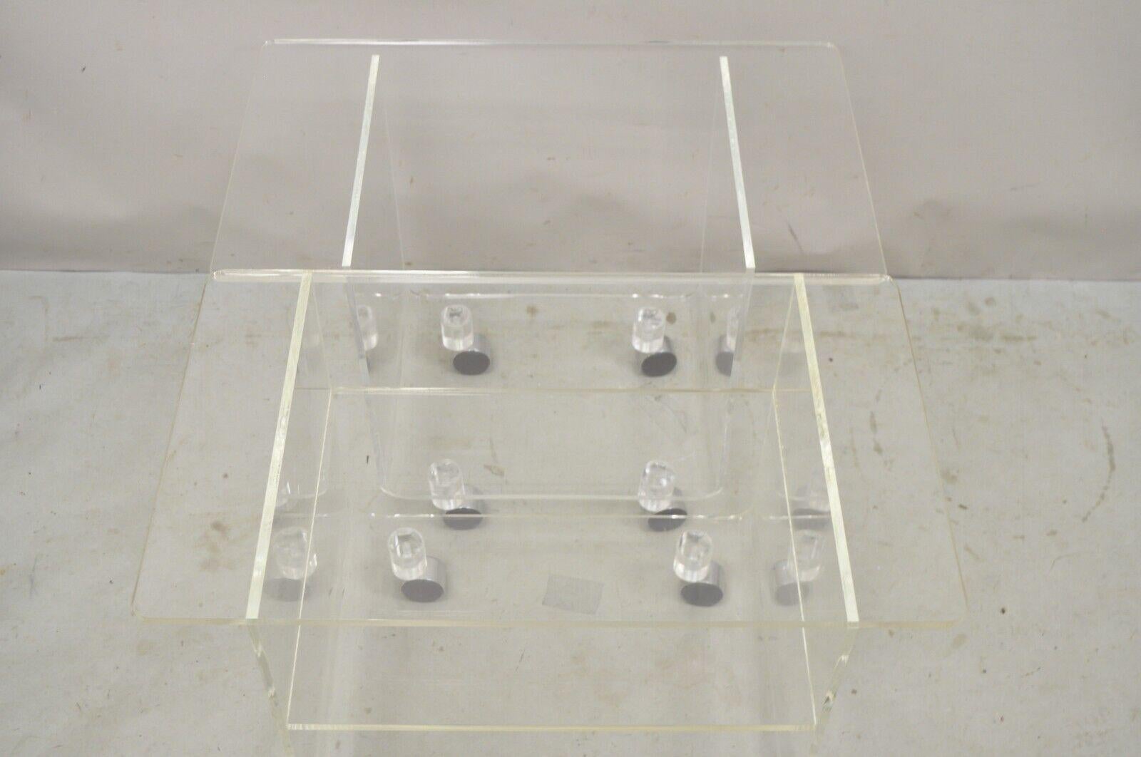 Vintage Clear Lucite Acrylic Mid Century Modern Rolling Side Tables - a Pair For Sale 3