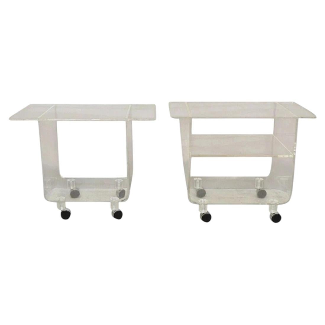 Vintage Clear Lucite Acrylic Mid Century Modern Rolling Side Tables - a Pair