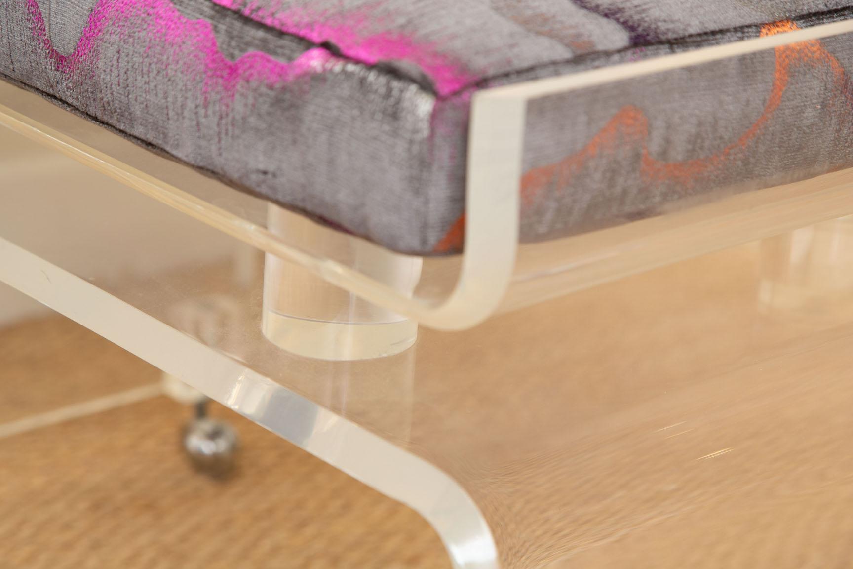 Modern Lucite Vanity Bench on Wheels with Upholstered Gray, Magenta Cushion Vintage For Sale