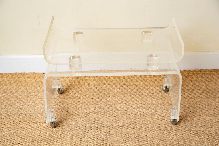 Lucite Vanity Bench on Wheels with Upholstered Gray, Magenta Cushion