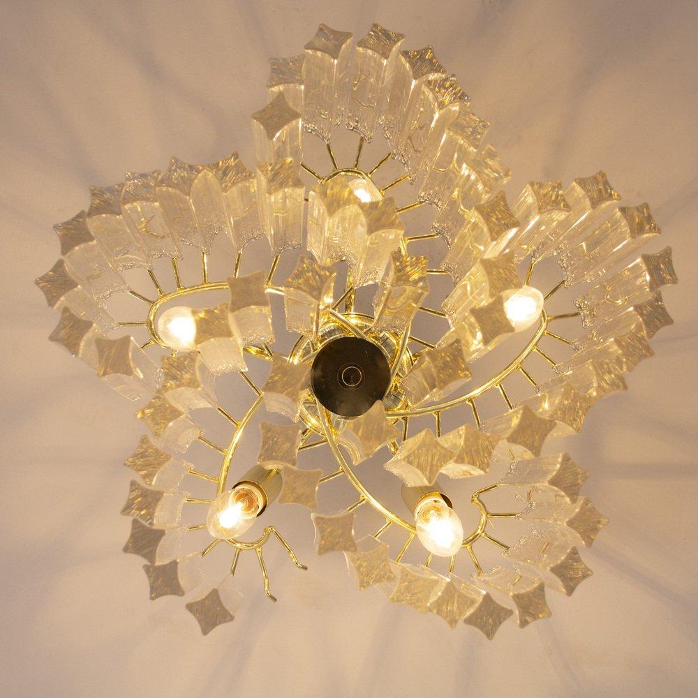 Italian Vintage Clear Murano Glass Chandelier with Brass Frame, Italy For Sale