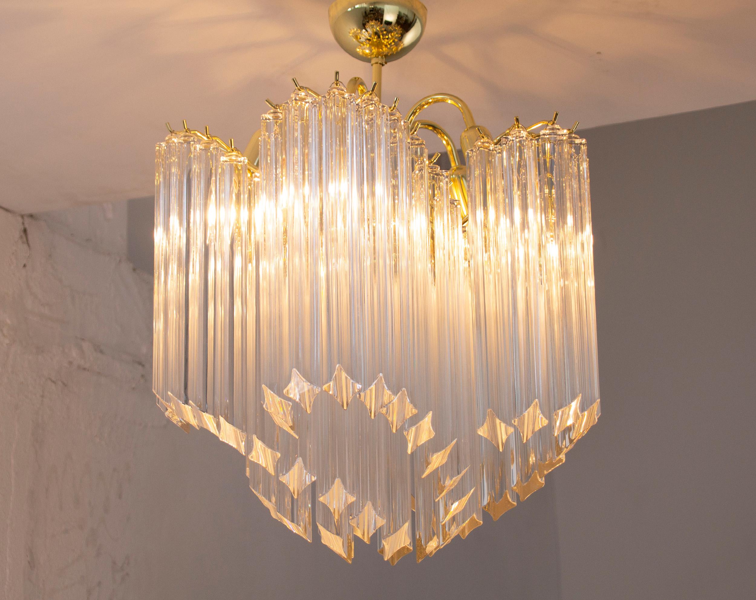 20th Century Vintage Clear Murano Glass Chandelier with Brass Frame, Italy For Sale
