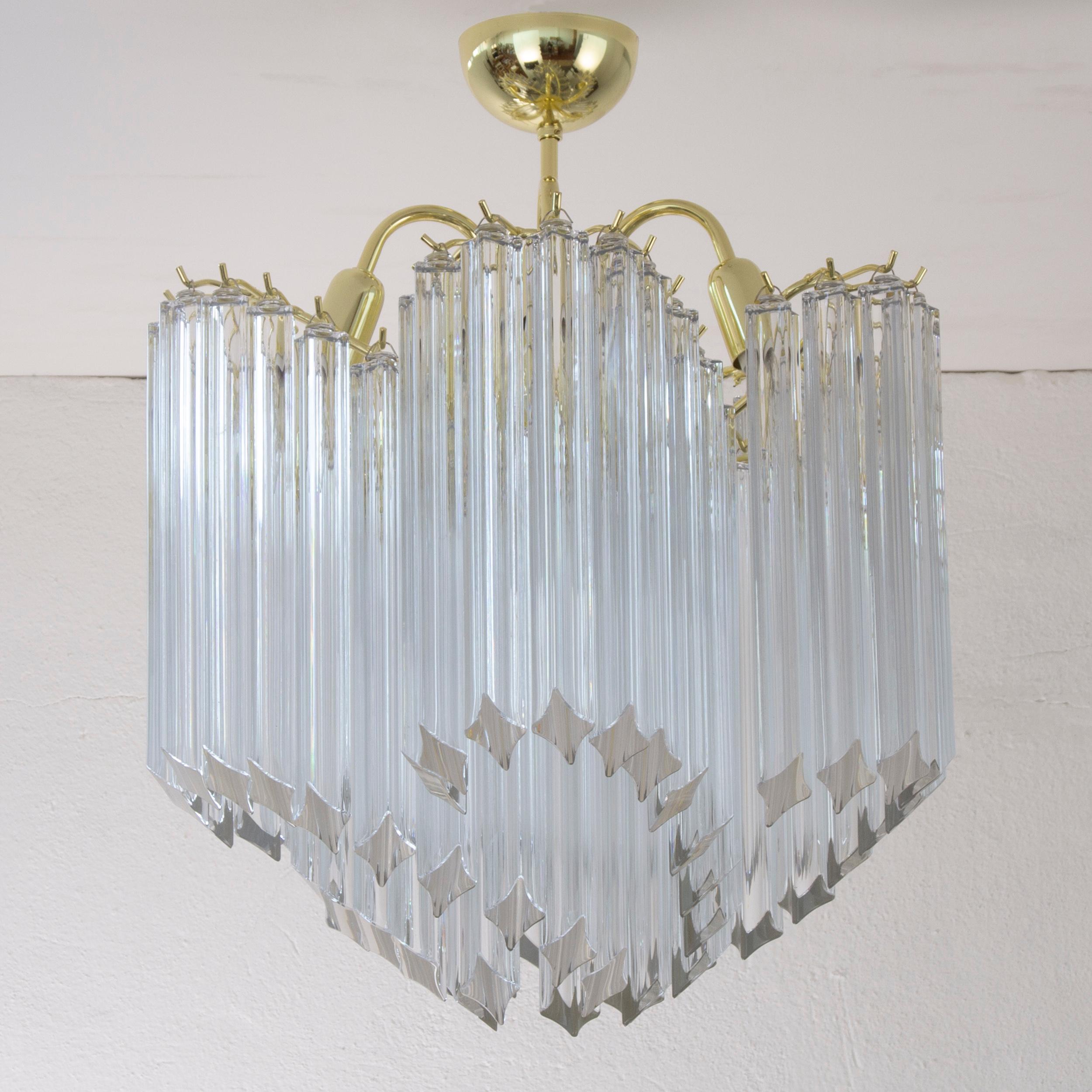 Vintage Clear Murano Glass Chandelier with Brass Frame, Italy For Sale 1
